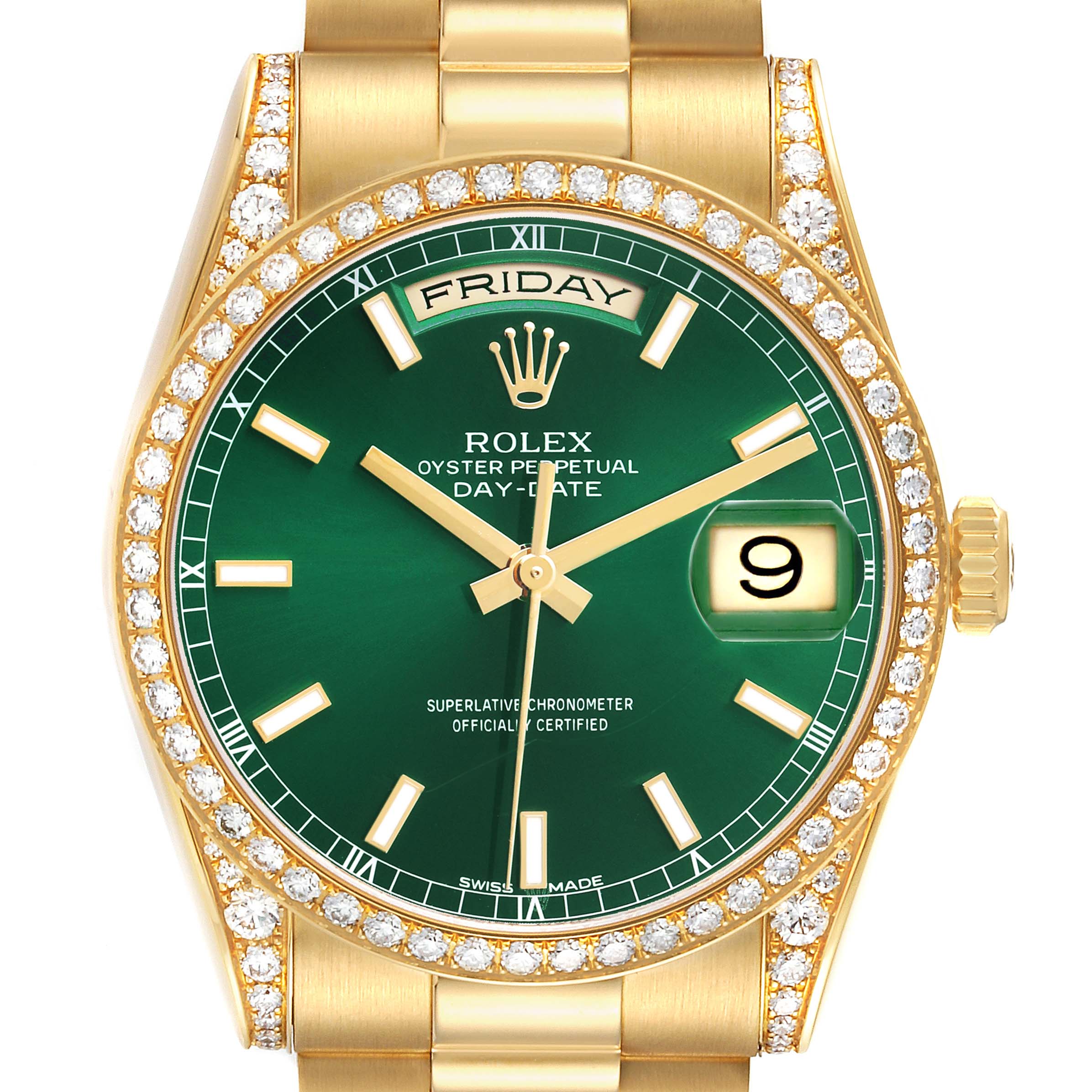 The Rolex President 118388 Men's Yellow Gold Green Dial model watch is shown from a front angle, displaying the face, green dial, bezel with diamonds, and bracelet.