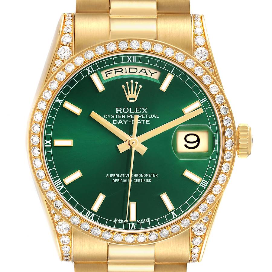 The Rolex President 118388 Men's Yellow Gold Green Dial model watch is shown from a front angle, displaying the face, green dial, bezel with diamonds, and bracelet.