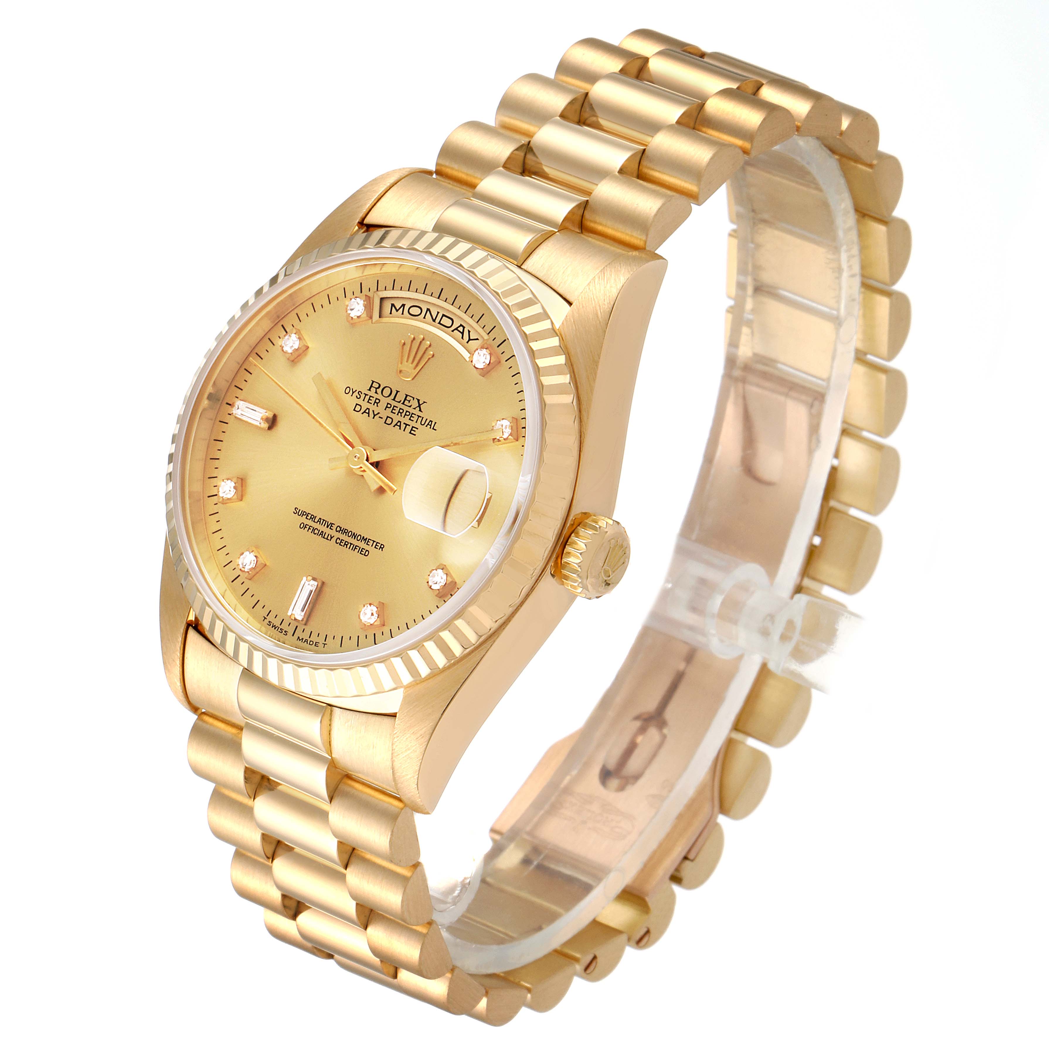 The Rolex President 18238 Men
s Yellow Gold Champagne Dial 18238 Men
s Yellow Gold Champagne Dial model watch is shown from an angled perspective, displaying the face, strap, and crown.
