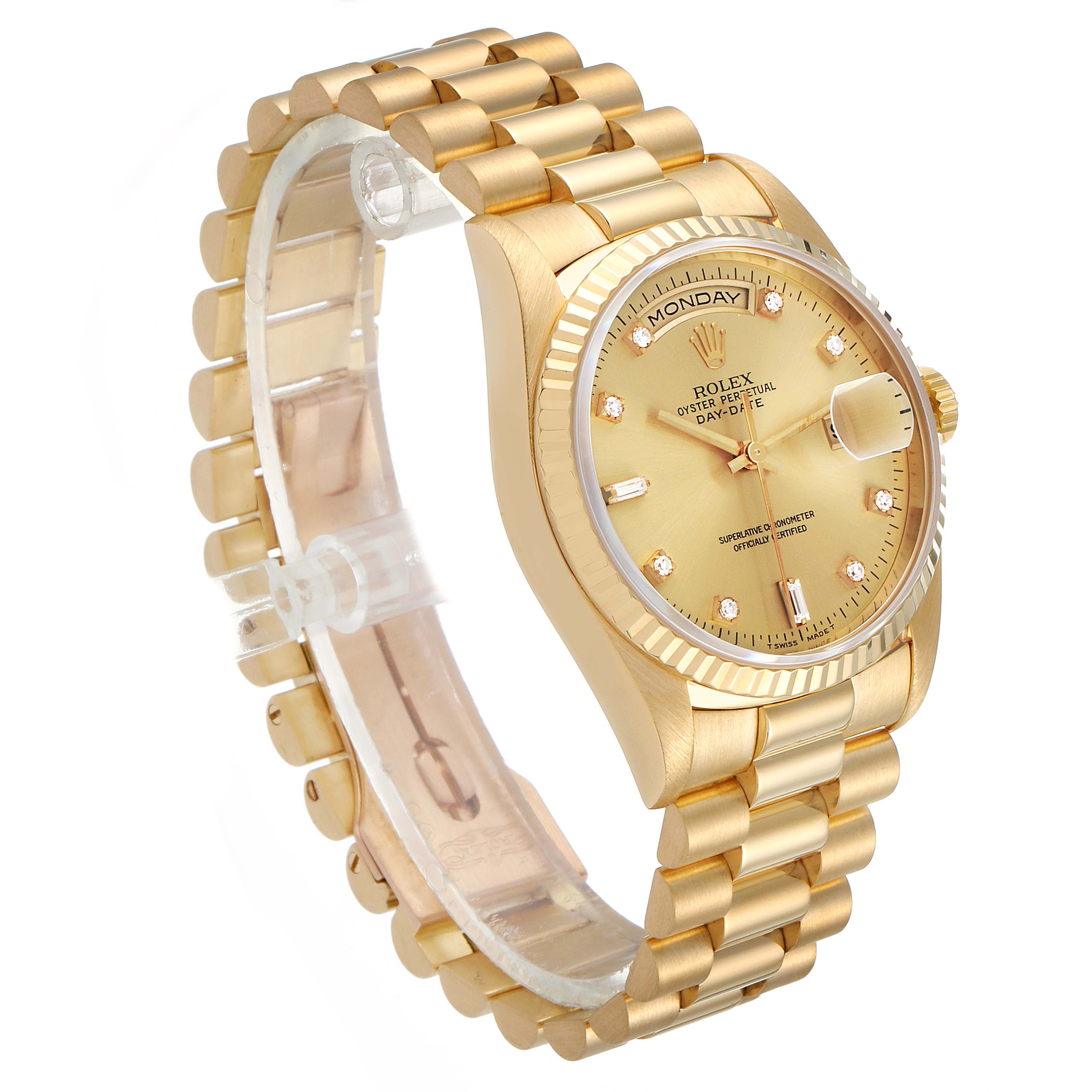 The Rolex President 18238 Men
s Yellow Gold Champagne Dial 18238 Men
s Yellow Gold Champagne Dial model watch is shown in a three-quarter view displaying the dial, bezel, crown, and bracelet.