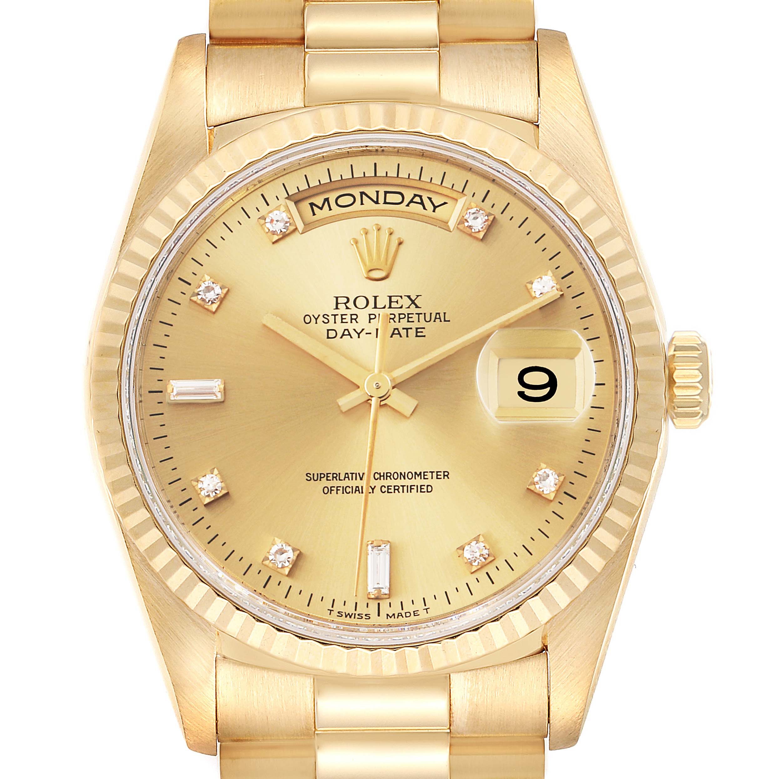 The image shows a front view of the Rolex President 18238 Men
s Yellow Gold Champagne Dial 18238 Men
s Yellow Gold Champagne Dial model watch, highlighting the dial, day/date display, and bracelet.