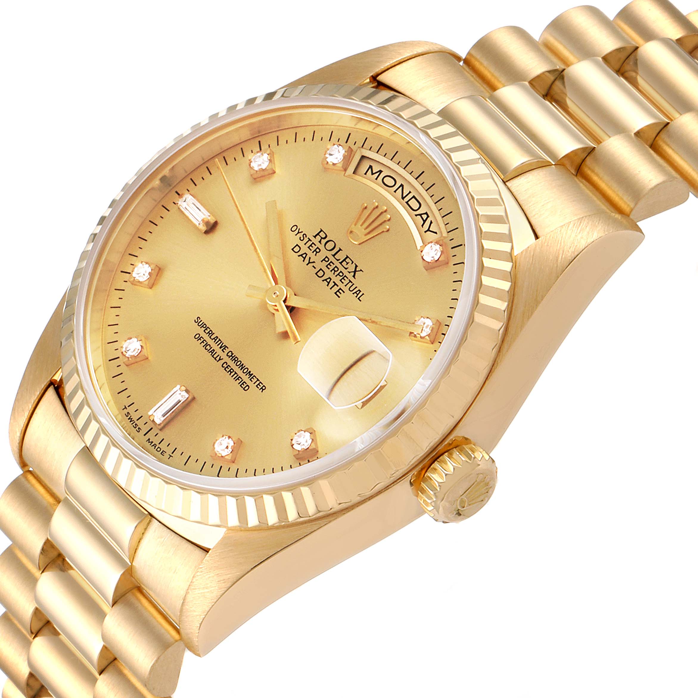 The image shows a close-up angled view of a Rolex President 18238 Men
s Yellow Gold Champagne Dial 18238 Men
s Yellow Gold Champagne Dial model watch, highlighting the face, crown, and part of the bracelet.
