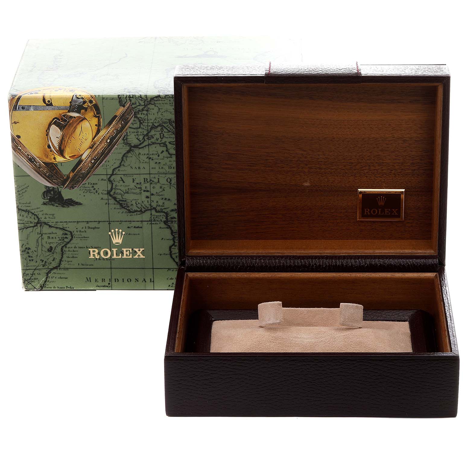 The image shows a Rolex President 18238 Men
s Yellow Gold Champagne Dial 18238 Men
s Yellow Gold Champagne Dial model watch box with its lid open, placed next to its outer packaging.