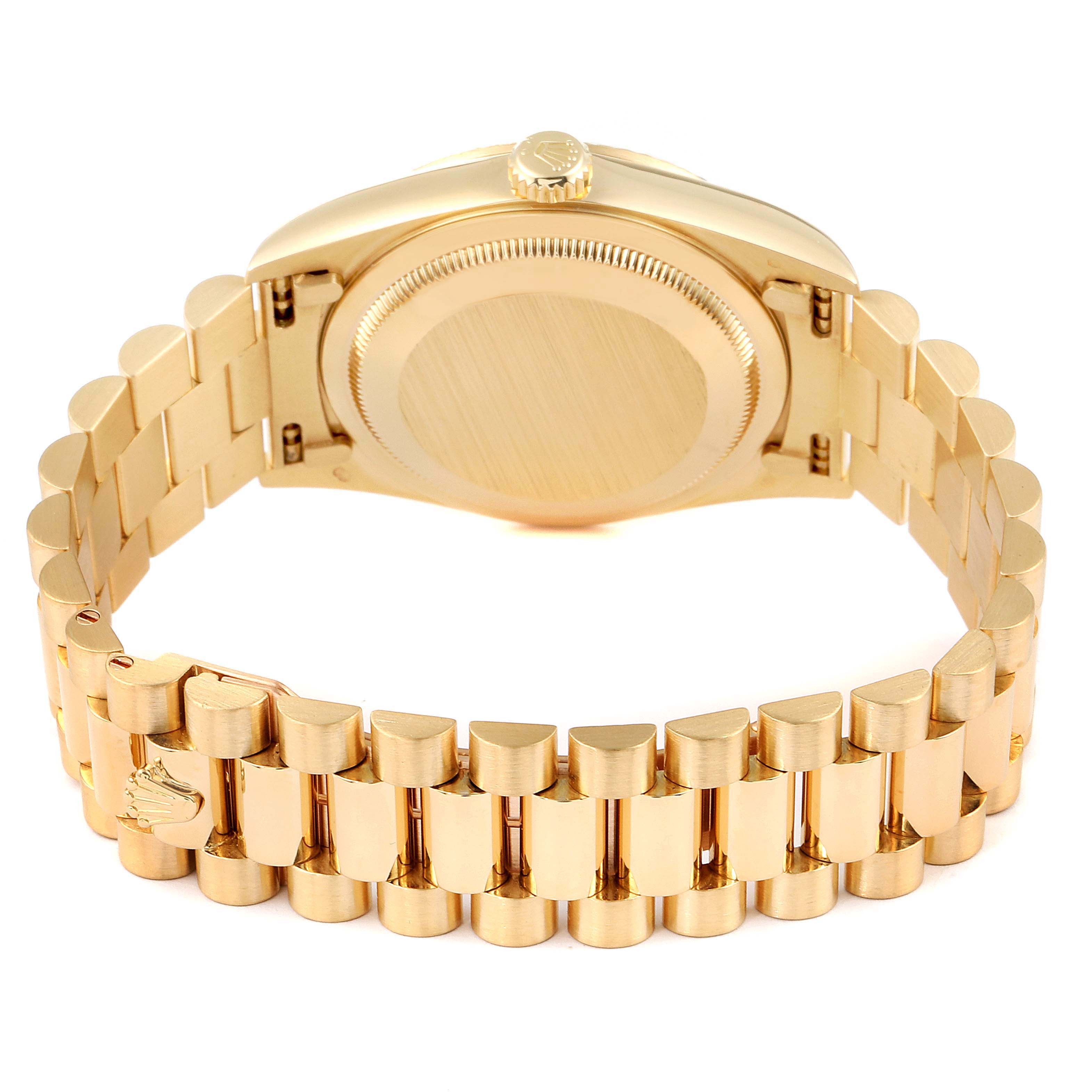 The image shows the back and bracelet of a Rolex President 18238 Men
s Yellow Gold Champagne Dial 18238 Men
s Yellow Gold Champagne Dial model watch from a slightly angled, rear view.