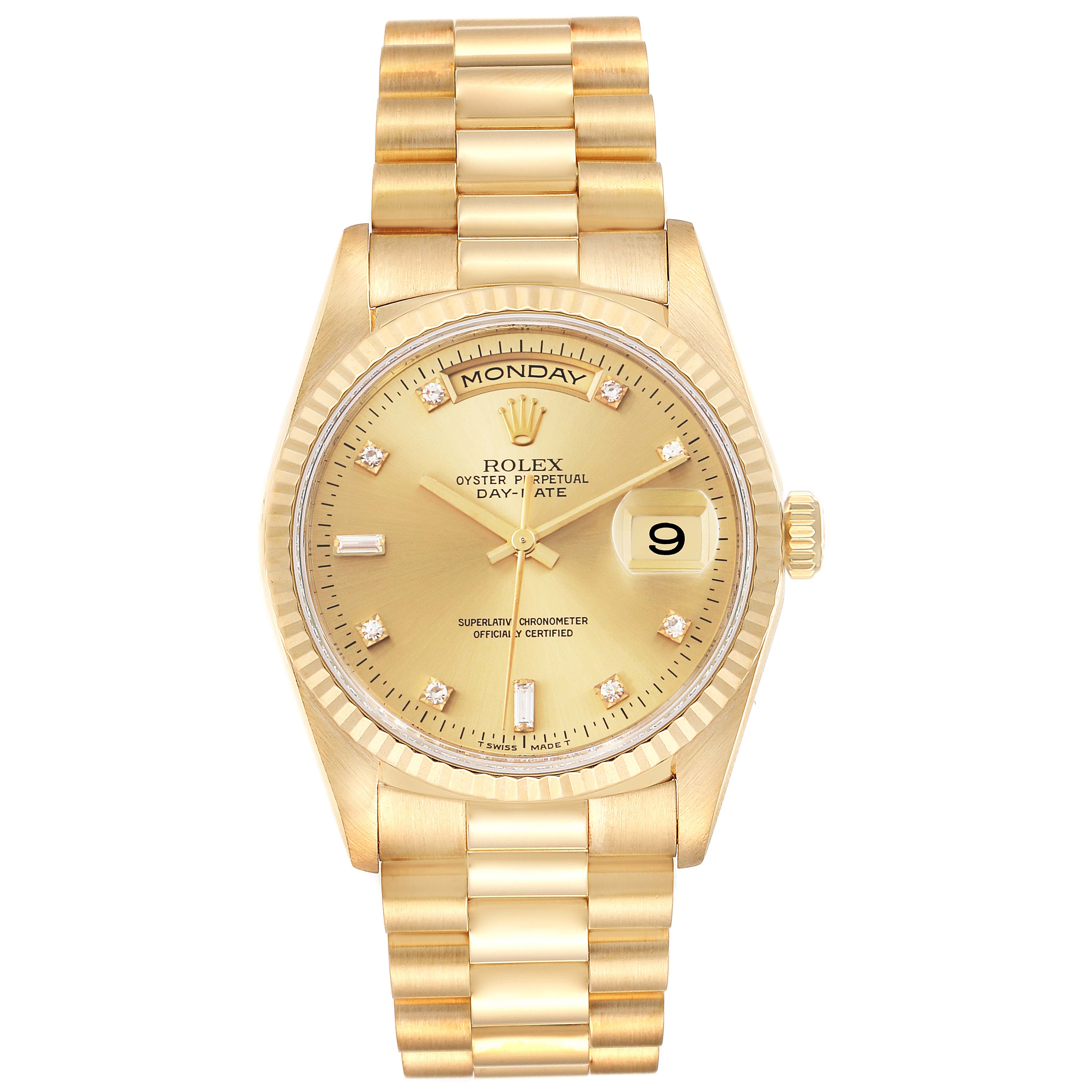 The image shows a front view of a Rolex President 18238 Men
s Yellow Gold Champagne Dial 18238 Men
s Yellow Gold Champagne Dial Day-Date watch, showcasing its dial, bezel, crown, and bracelet.