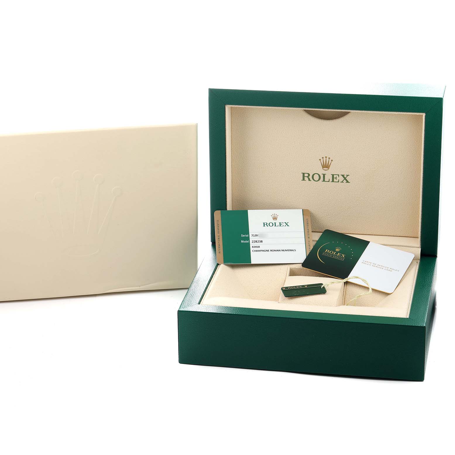 The image shows a Rolex President 228238 Men's Yellow Gold Champagne Dial watch box with papers and accessories from a front angle.