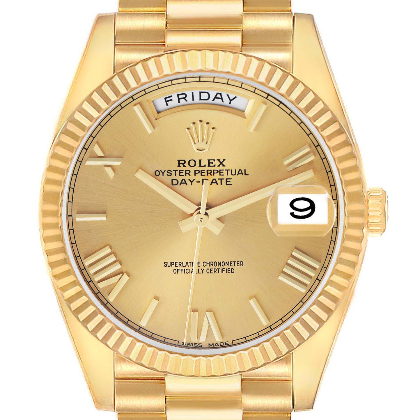 The Rolex President 228238 Men's Yellow Gold Champagne Dial model is shown from the front, displaying the dial, day and date windows, bezel, and part of the bracelet.