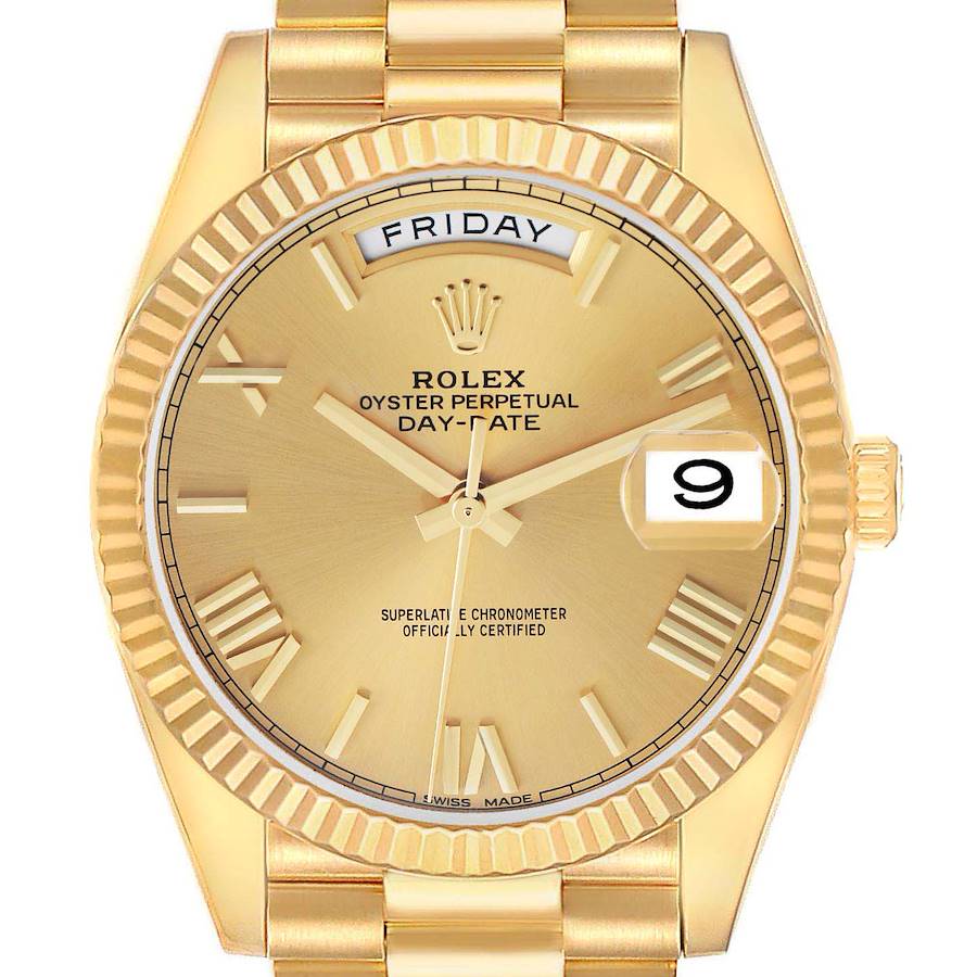 The Rolex President 228238 Men's Yellow Gold Champagne Dial model is shown from the front, displaying the dial, day and date windows, bezel, and part of the bracelet.