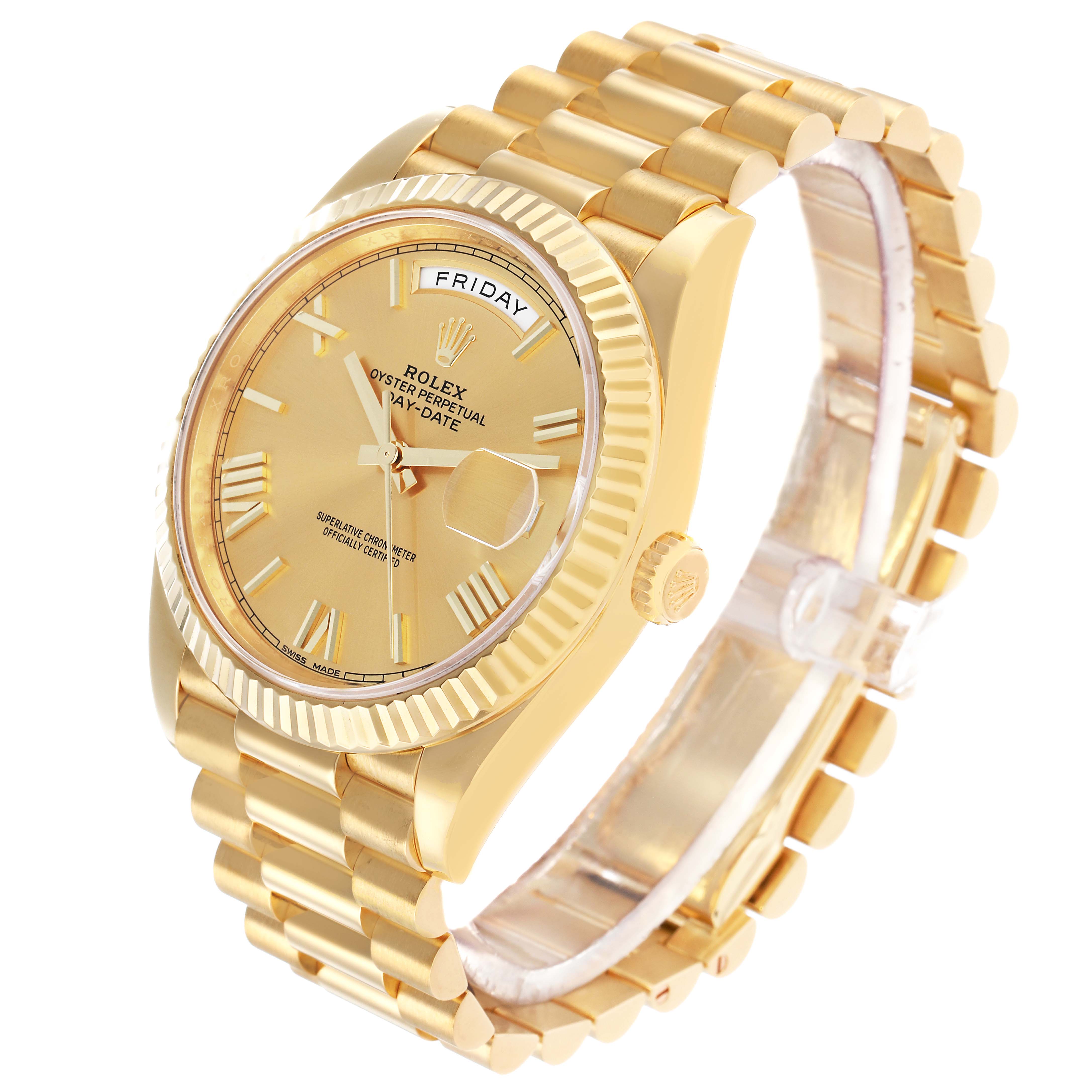 The Rolex President 228238 Men's Yellow Gold Champagne Dial model is shown at a three-quarter angle, displaying the watch face, bezel, crown, and part of the bracelet.
