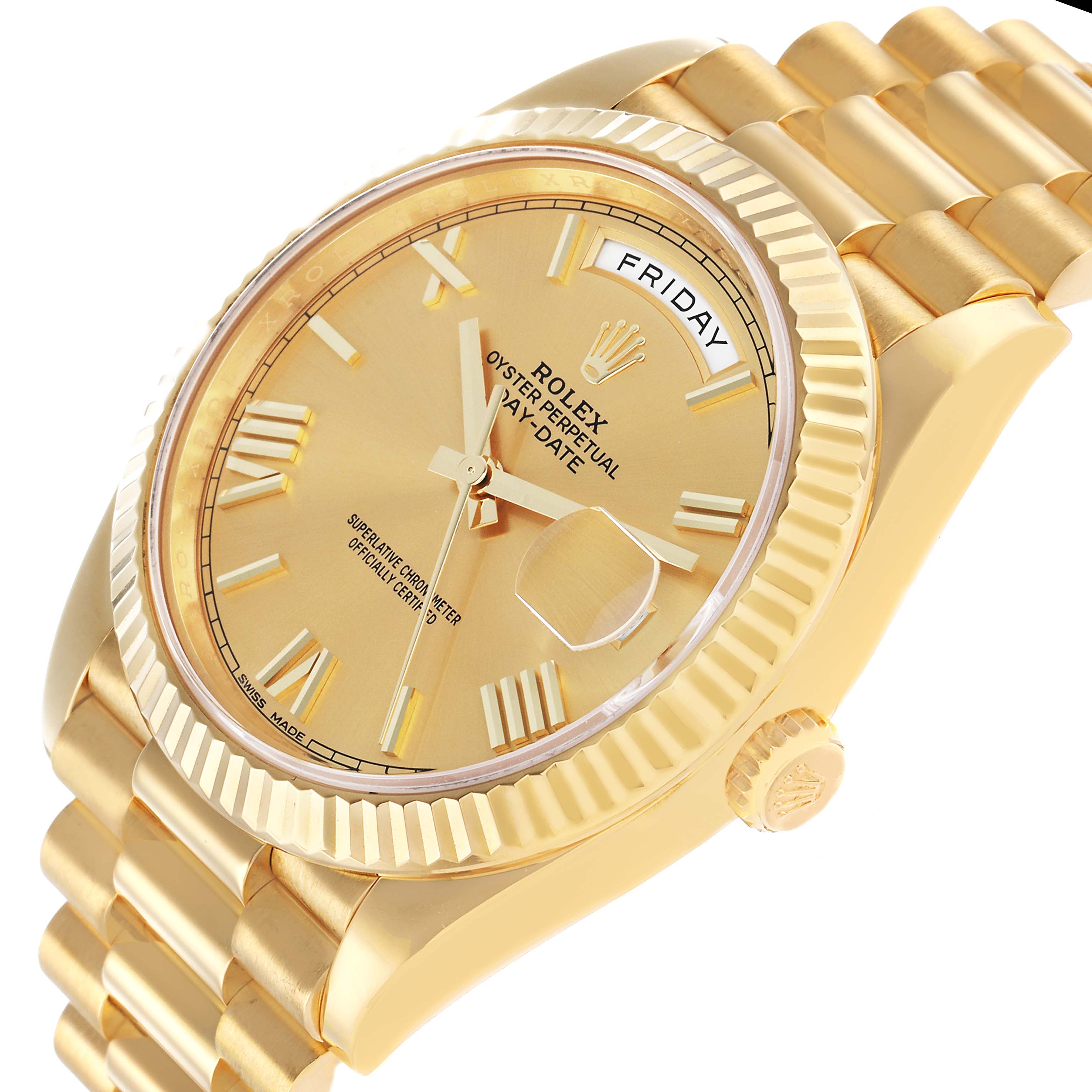 The Rolex President 228238 Men's Yellow Gold Champagne Dial model watch is shown from an angled perspective, highlighting its dial, case, and bracelet.