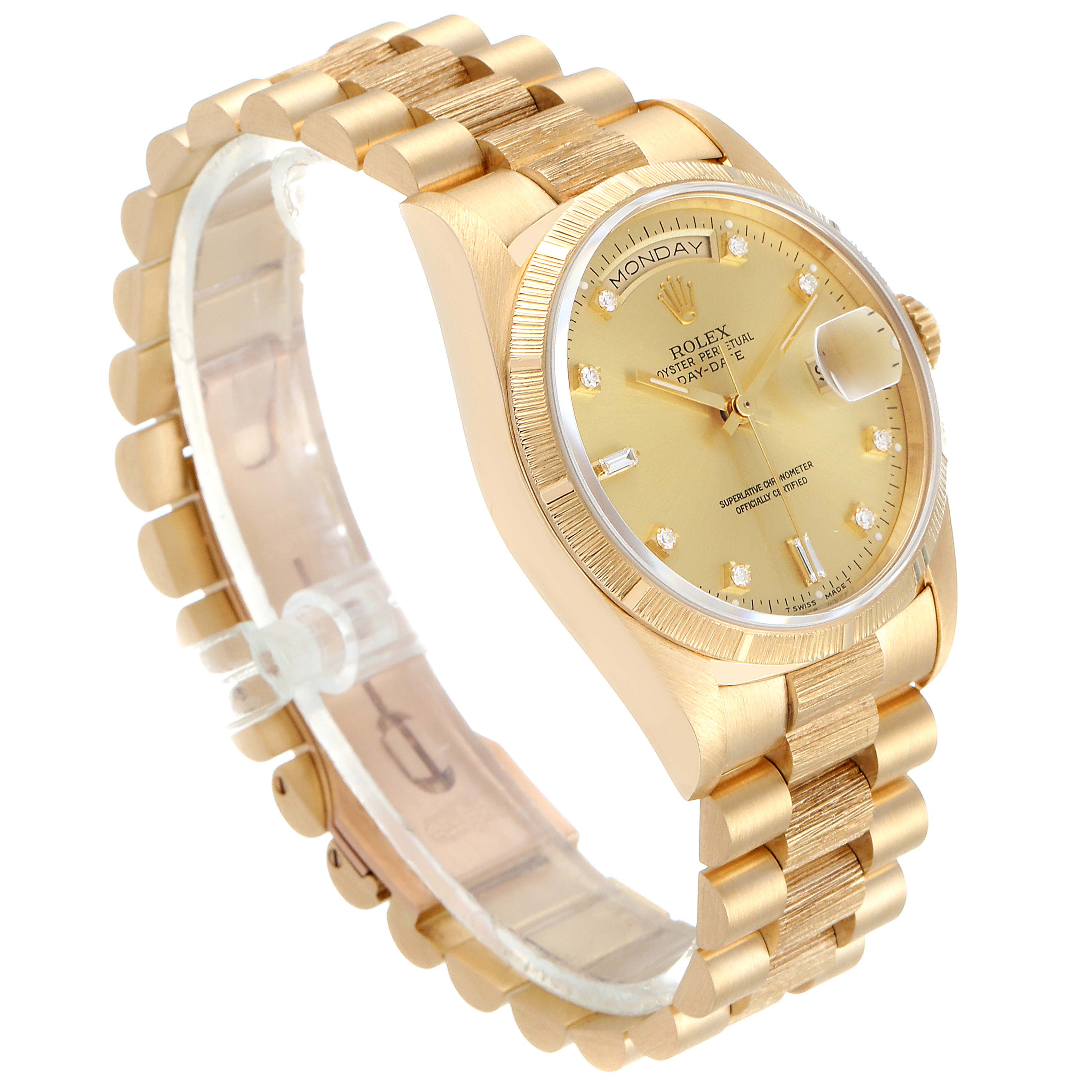 The Rolex President 18248 Men's Yellow Gold Champagne Dial 18248 Men's Yellow Gold Champagne Dial model is shown at a three-quarter angle, displaying the bracelet, face, bezel, and crown.