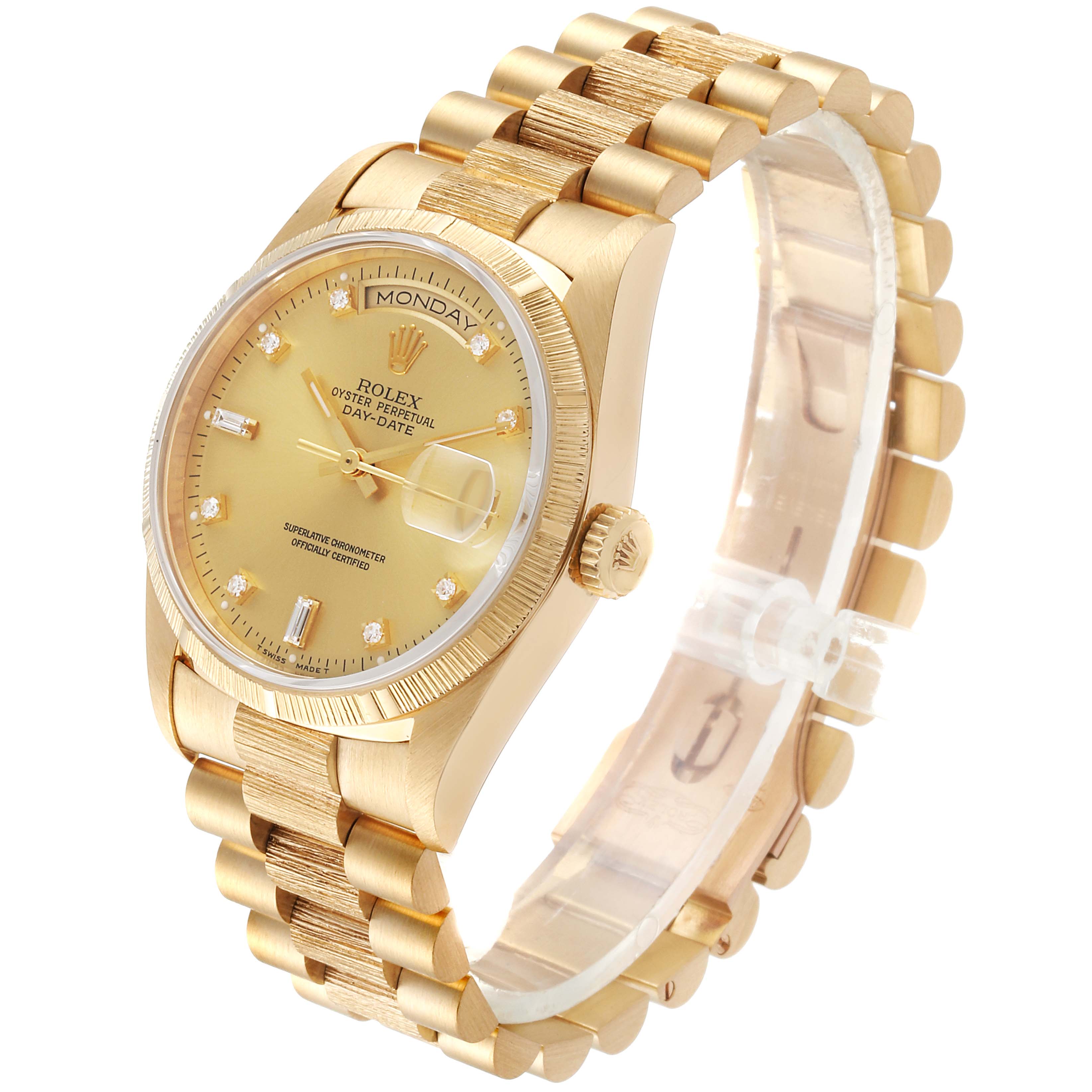 This image shows a Rolex President 18248 Men's Yellow Gold Champagne Dial 18248 Men's Yellow Gold Champagne Dial model watch at a 3/4 angle, highlighting the gold bracelet, dial, and crown.