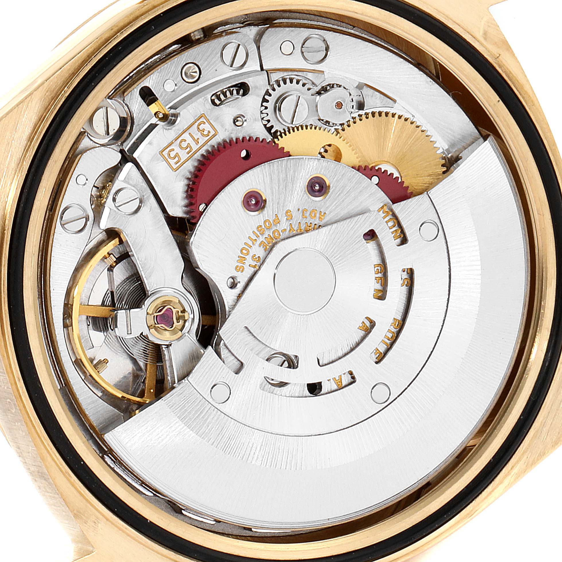 This is an inside view of a Rolex President 18248 Men's Yellow Gold Champagne Dial 18248 Men's Yellow Gold Champagne Dial model showing its watch movement components.