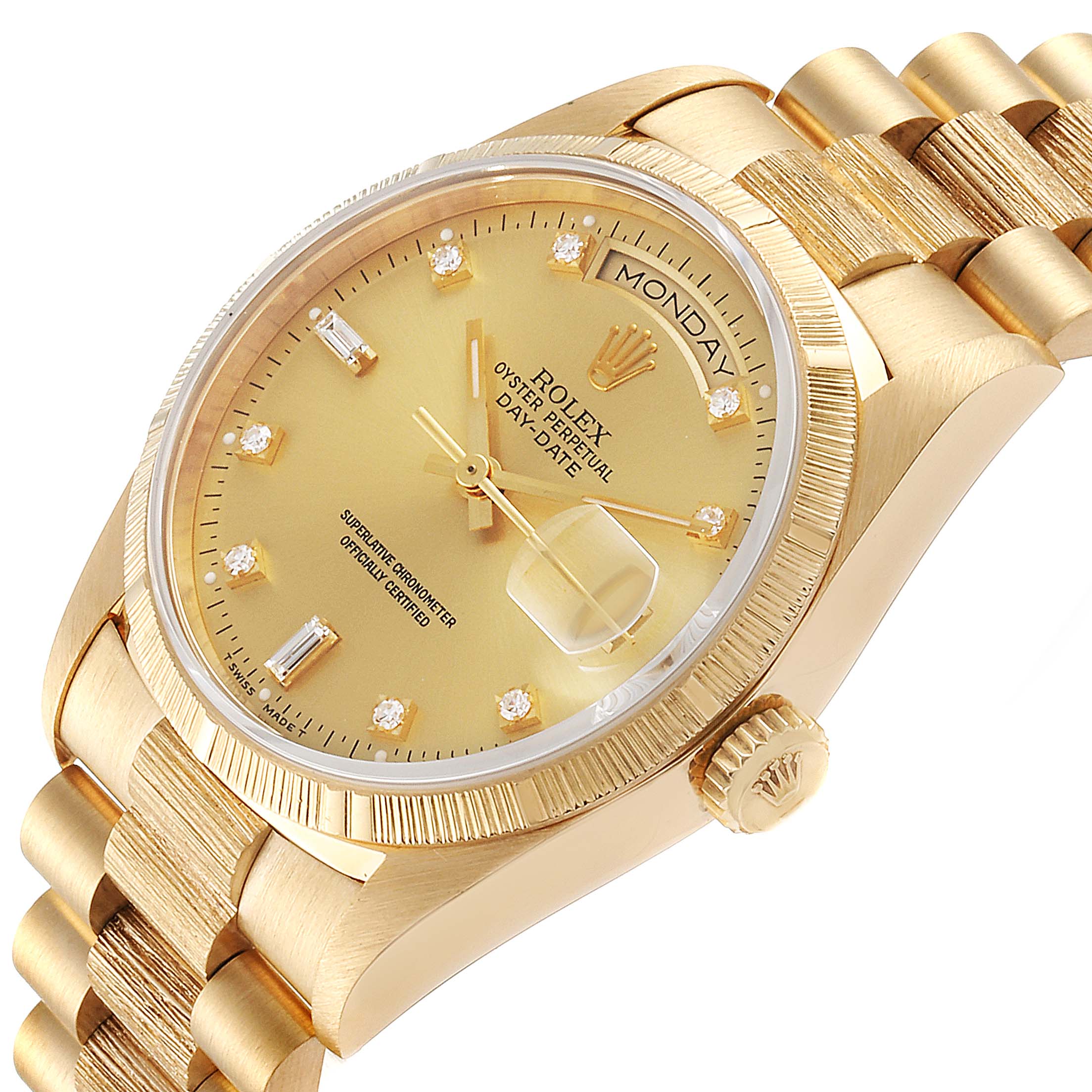 This image features a close-up of the gold dial and bracelet of the Rolex President 18248 Men's Yellow Gold Champagne Dial 18248 Men's Yellow Gold Champagne Dial model watch, showing the day display and diamond hour markers.