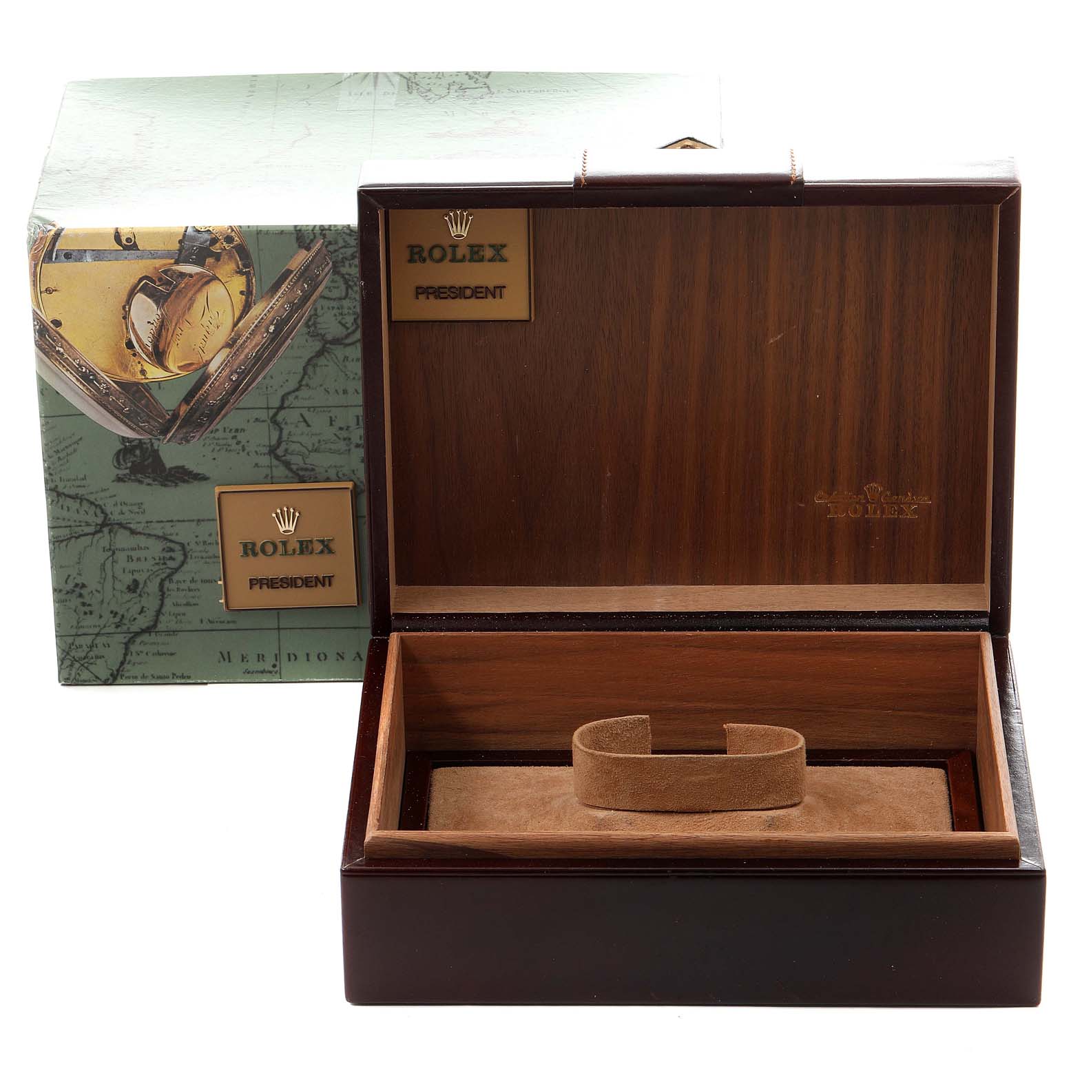 The image shows the open box of a Rolex President 18248 Men's Yellow Gold Champagne Dial 18248 Men's Yellow Gold Champagne Dial model watch, displaying its wooden interior and pillow for the watch.