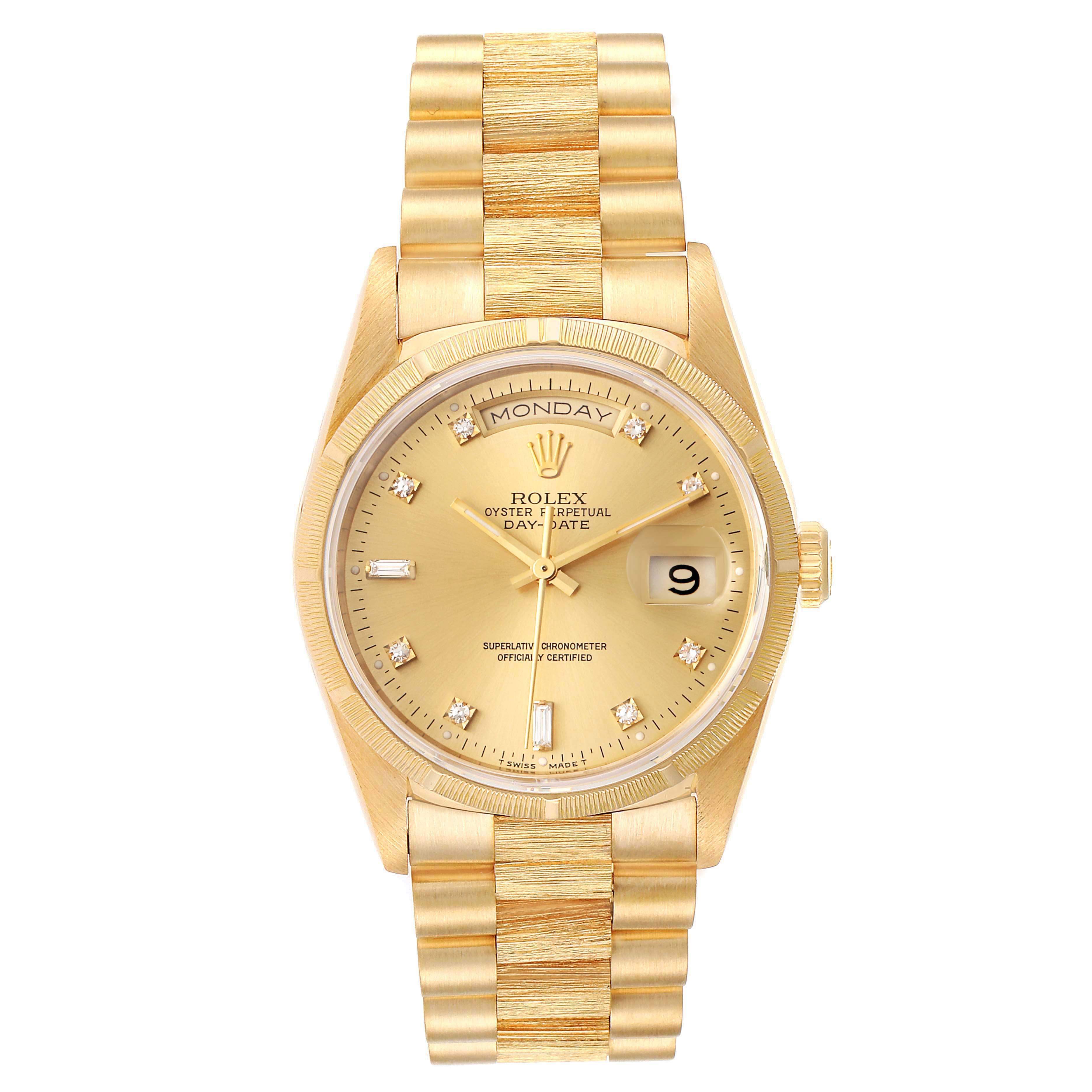 The image shows a frontal view of a Rolex President 18248 Men's Yellow Gold Champagne Dial 18248 Men's Yellow Gold Champagne Dial model watch, displaying the dial, bezel, bracelet, and day-date complications.