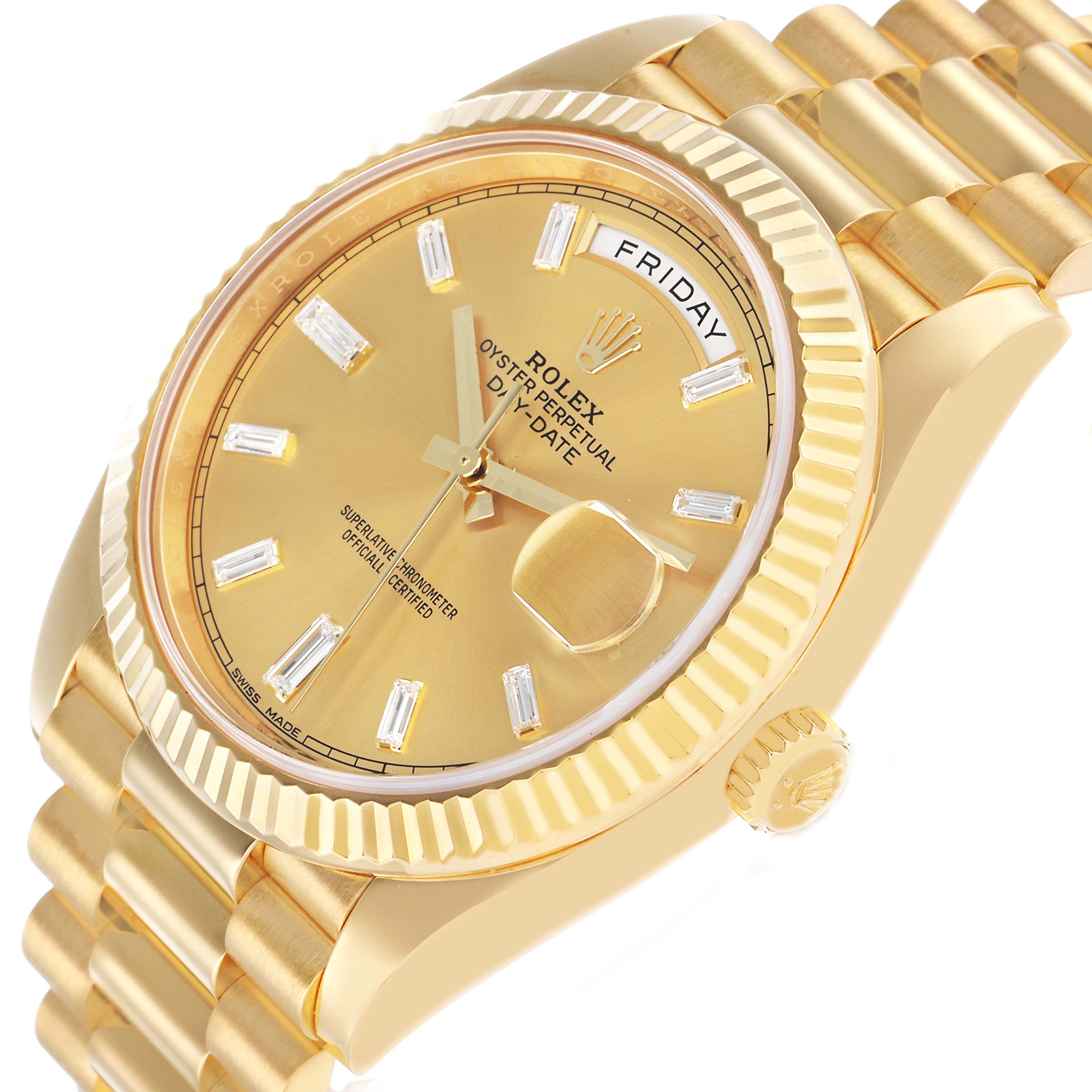 The Rolex President 228238 Men's Yellow Gold Champagne Dial model is shown from an angle highlighting the gold dial, fluted bezel, bracelet, and crown.