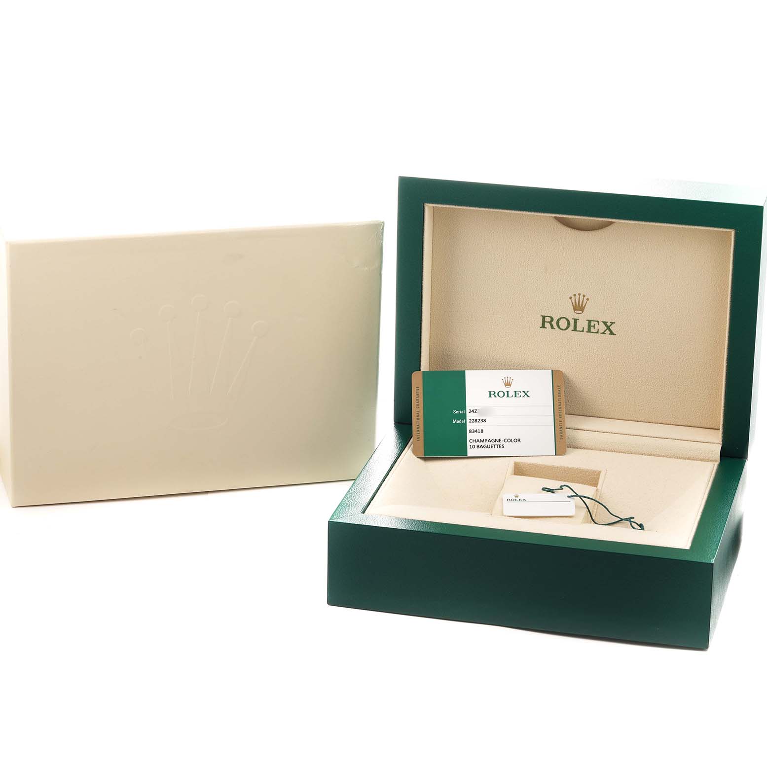The image shows an open box for a Rolex President 228238 Men's Yellow Gold Champagne Dial model watch, including a card and tag, with the box angled to reveal contents.