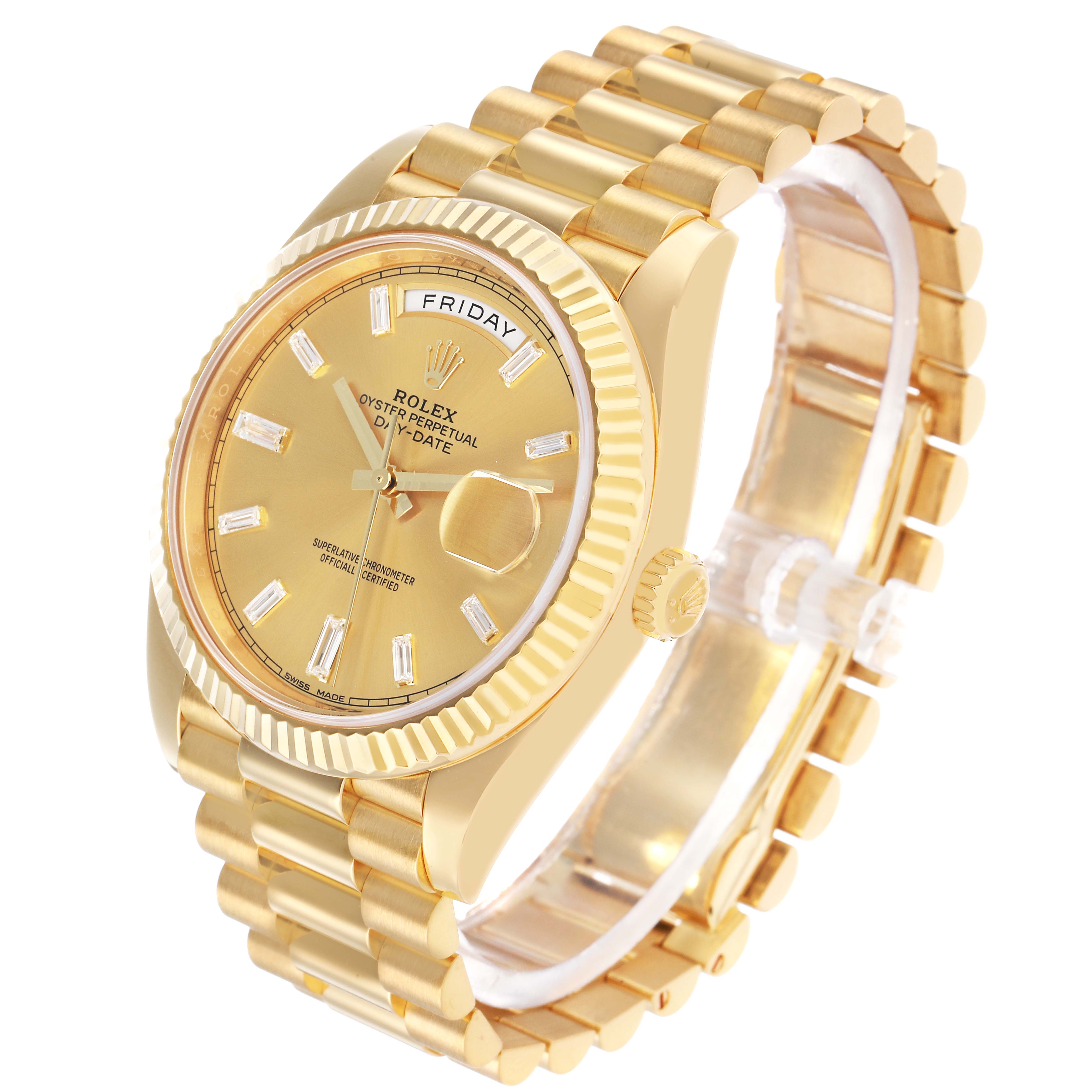 The Rolex President 228238 Men's Yellow Gold Champagne Dial watch is shown at a three-quarter angle, highlighting its gold case, fluted bezel, and bracelet.