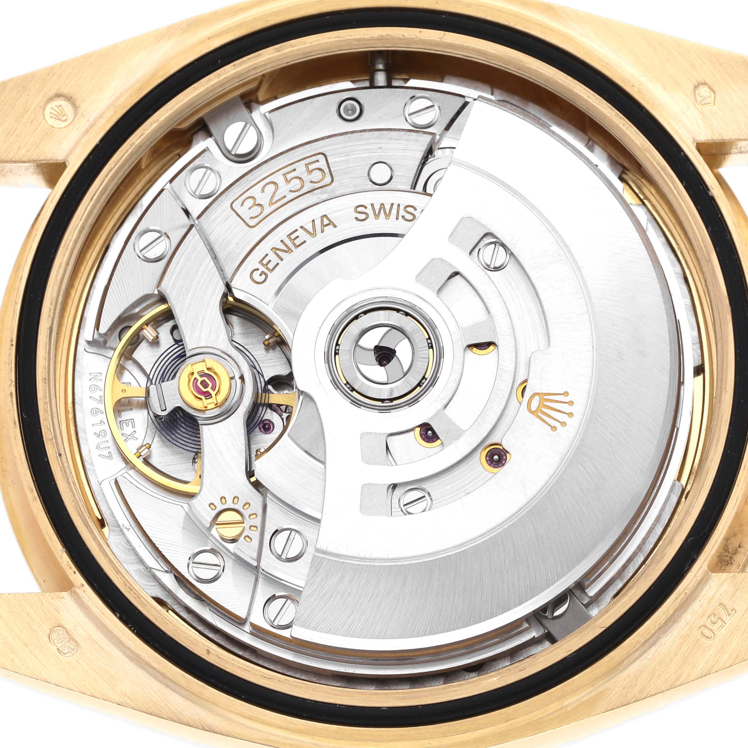 The image shows the movement mechanism of a Rolex President 228238 Men's Yellow Gold Champagne Dial model from the back, highlighting the rotor and internal components.