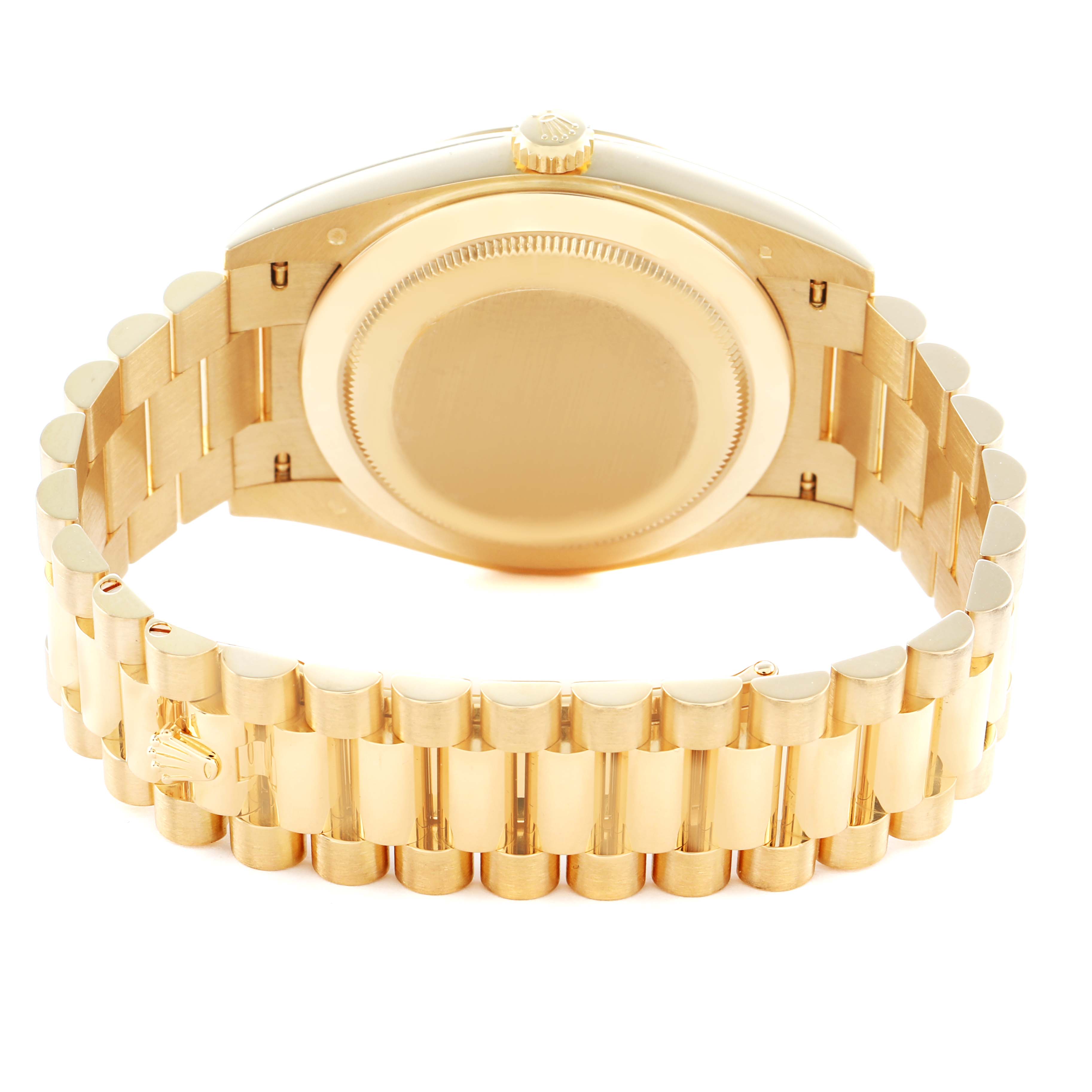 The image shows the back view of a Rolex President 228238 Men's Yellow Gold Champagne Dial model, highlighting the case back and gold bracelet.