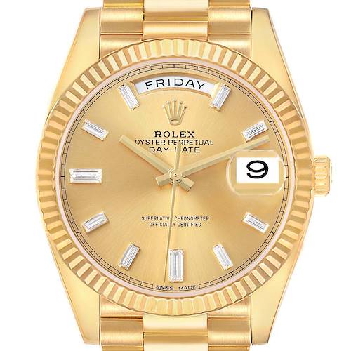 The Rolex President 228238 Men's Yellow Gold Champagne Dial model is shown from the front, highlighting the dial, fluted bezel, and part of the bracelet.