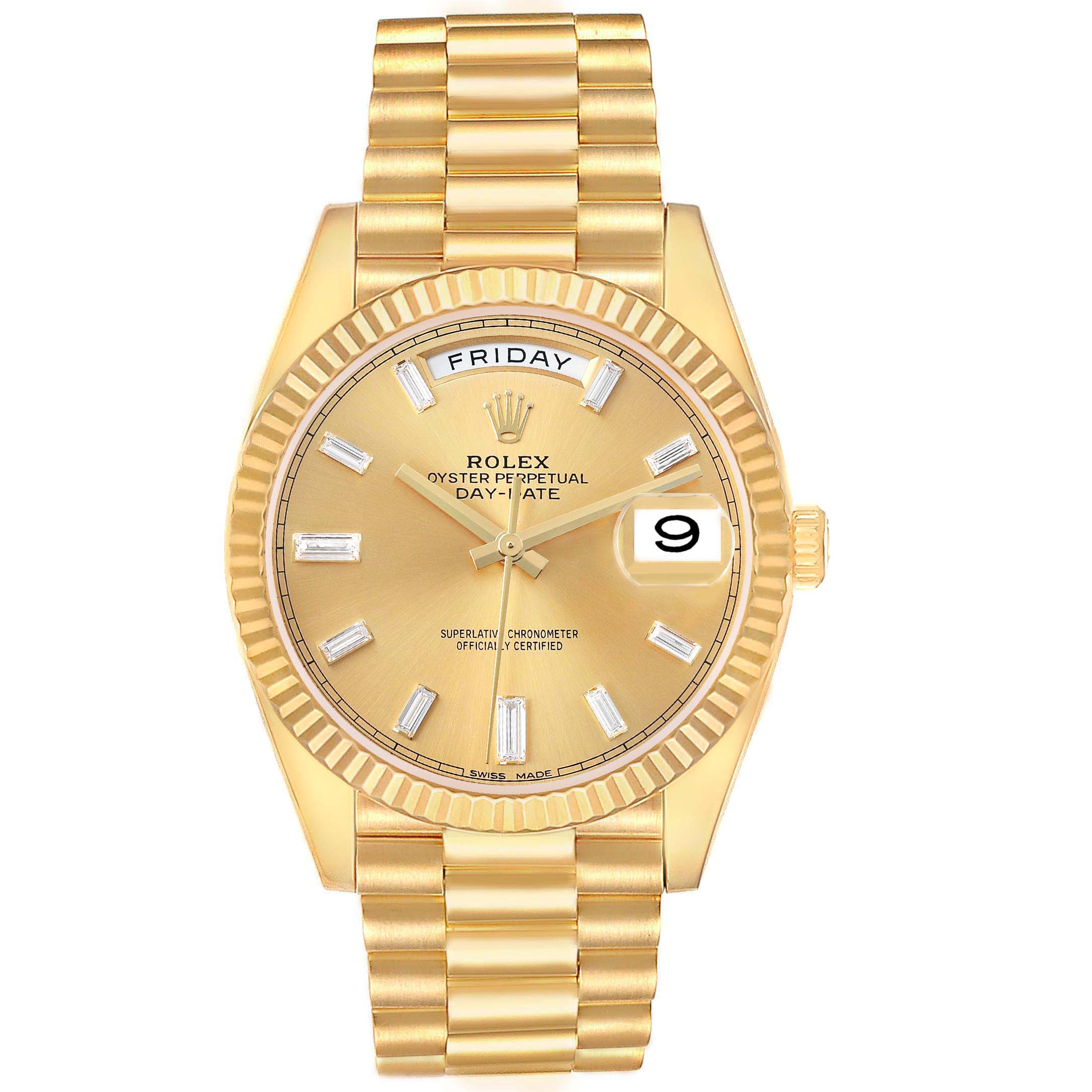 The Rolex President 228238 Men's Yellow Gold Champagne Dial model watch is shown from the front, displaying its face, bezel, and bracelet in detail.