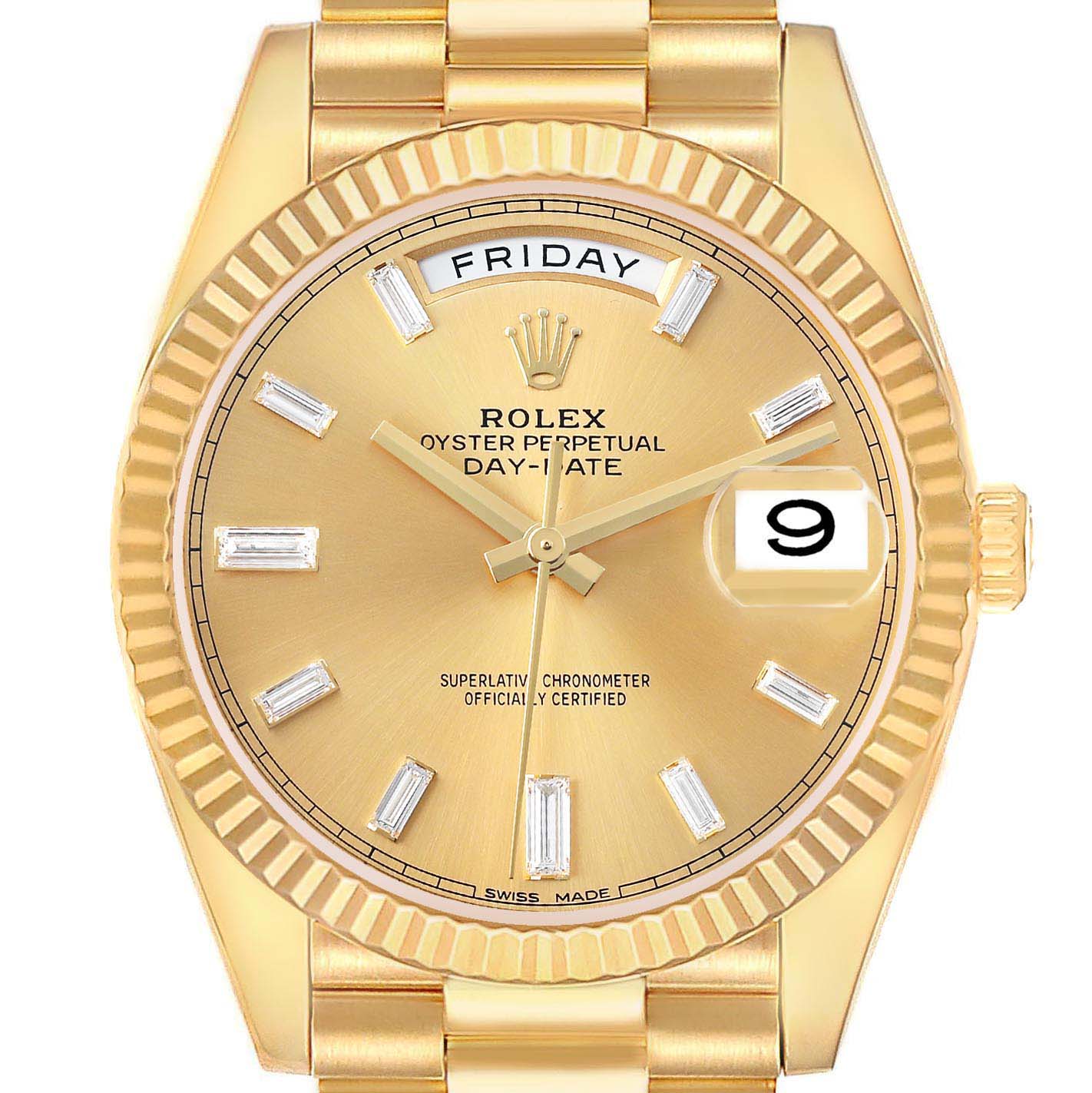 The image shows a frontal view of a Rolex President 228238 Men's Yellow Gold Champagne Dial model watch, highlighting the dial, hands, and date display.