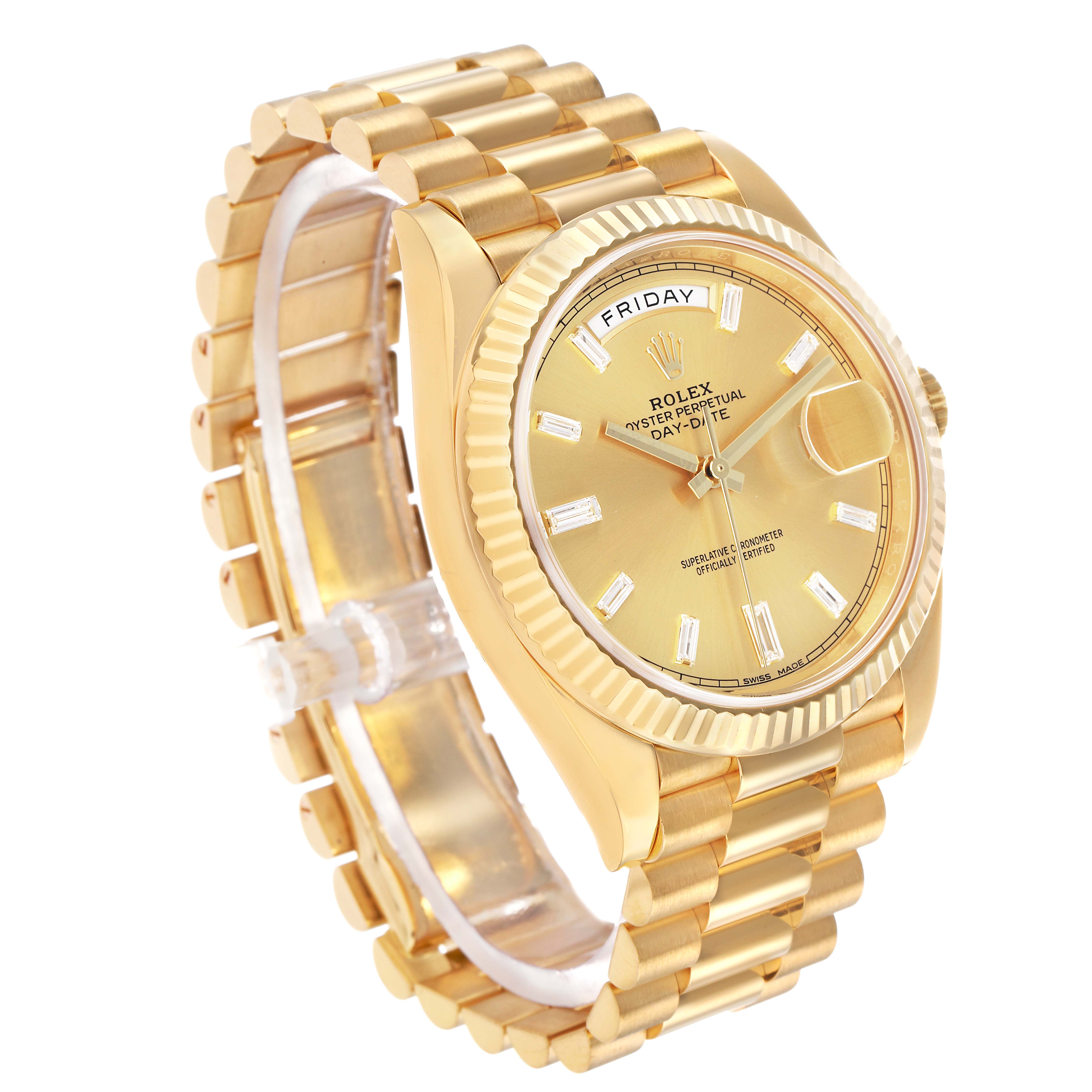 The Rolex President 228238 Men's Yellow Gold Champagne Dial model is shown at a slight angle, displaying the dial, fluted bezel, and bracelet.