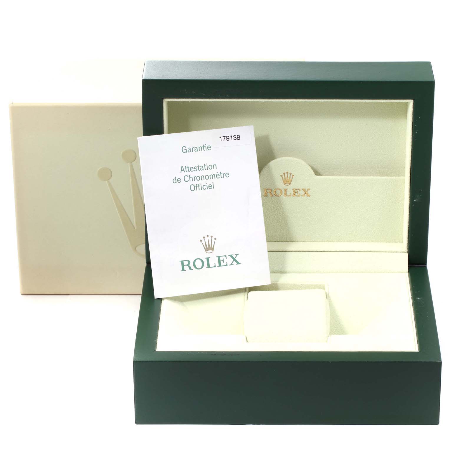 The image shows a Rolex President 179138 Women's Yellow Gold Mother of Pearl Dial 179138 Women's Yellow Gold Mother of Pearl Dial model watch box, open to reveal the interior, with an official warranty card inside.