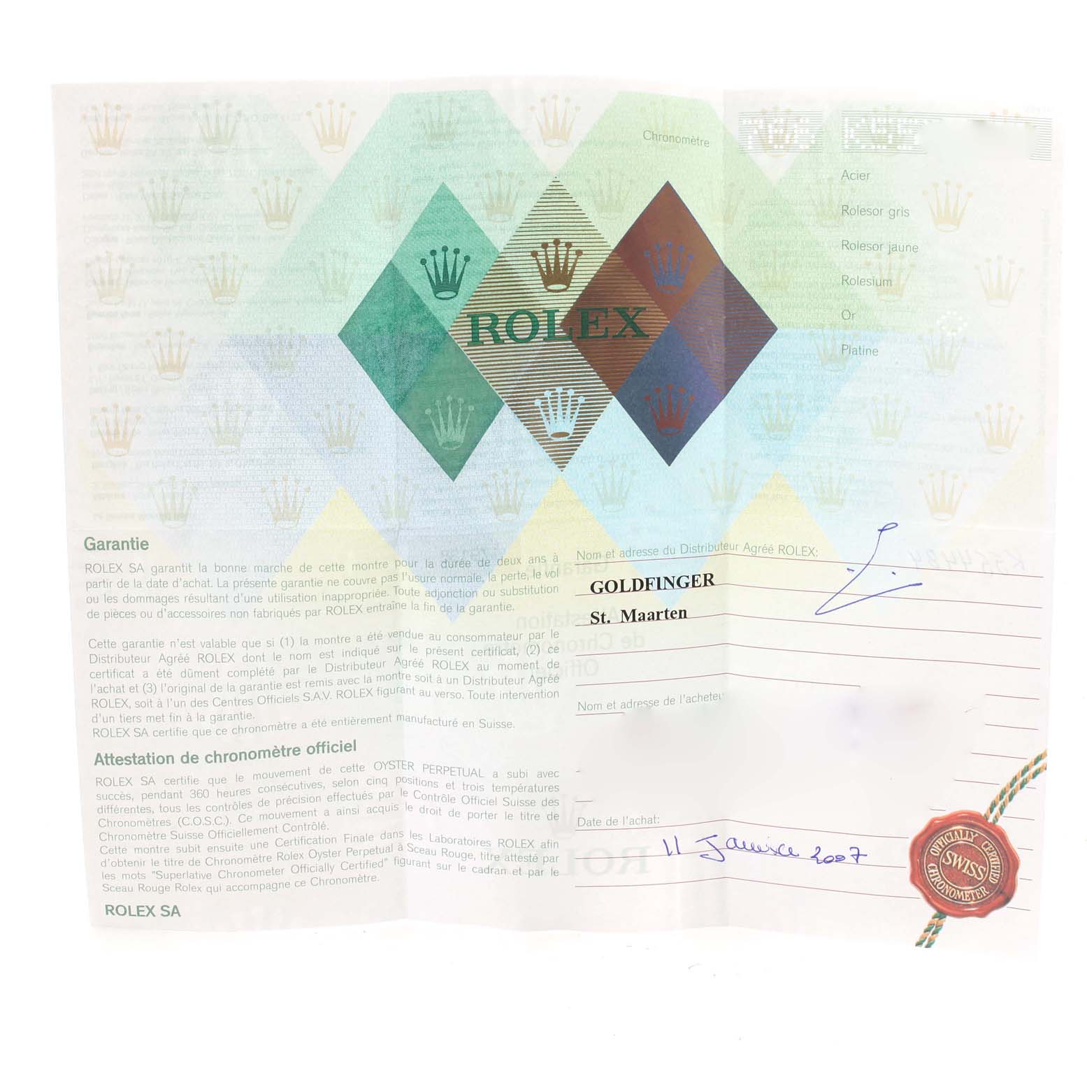 The image shows a warranty and authenticity certificate for a Rolex President 179138 Women's Yellow Gold Mother of Pearl Dial 179138 Women's Yellow Gold Mother of Pearl Dial model watch.