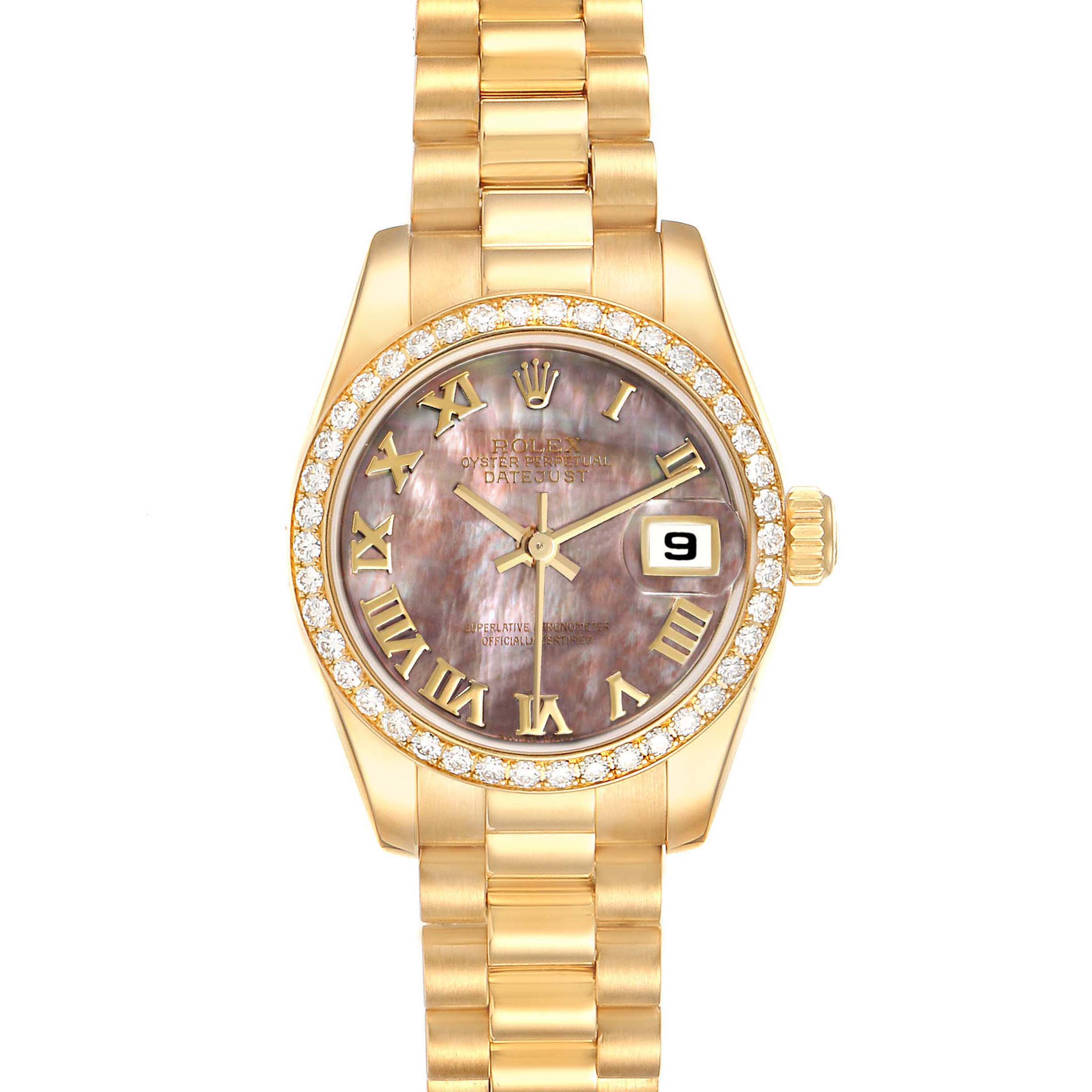 This image shows a front-facing view of a Rolex President 179138 Women's Yellow Gold Mother of Pearl Dial 179138 Women's Yellow Gold Mother of Pearl Dial model watch, highlighting the dial, bezel, and band.