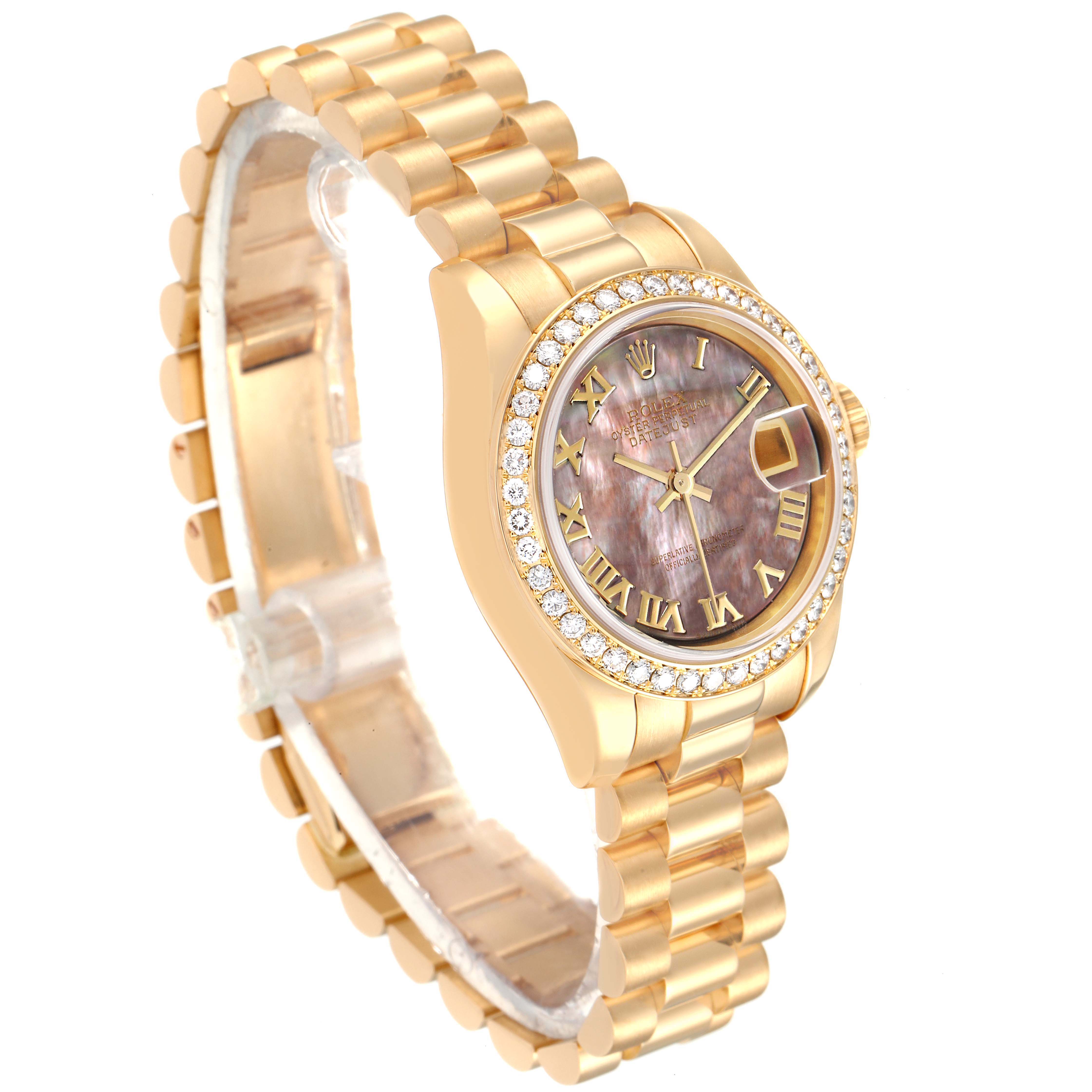 The image shows a side-angle view of a Rolex President 179138 Women's Yellow Gold Mother of Pearl Dial 179138 Women's Yellow Gold Mother of Pearl Dial watch, highlighting the face, bezel, and bracelet.