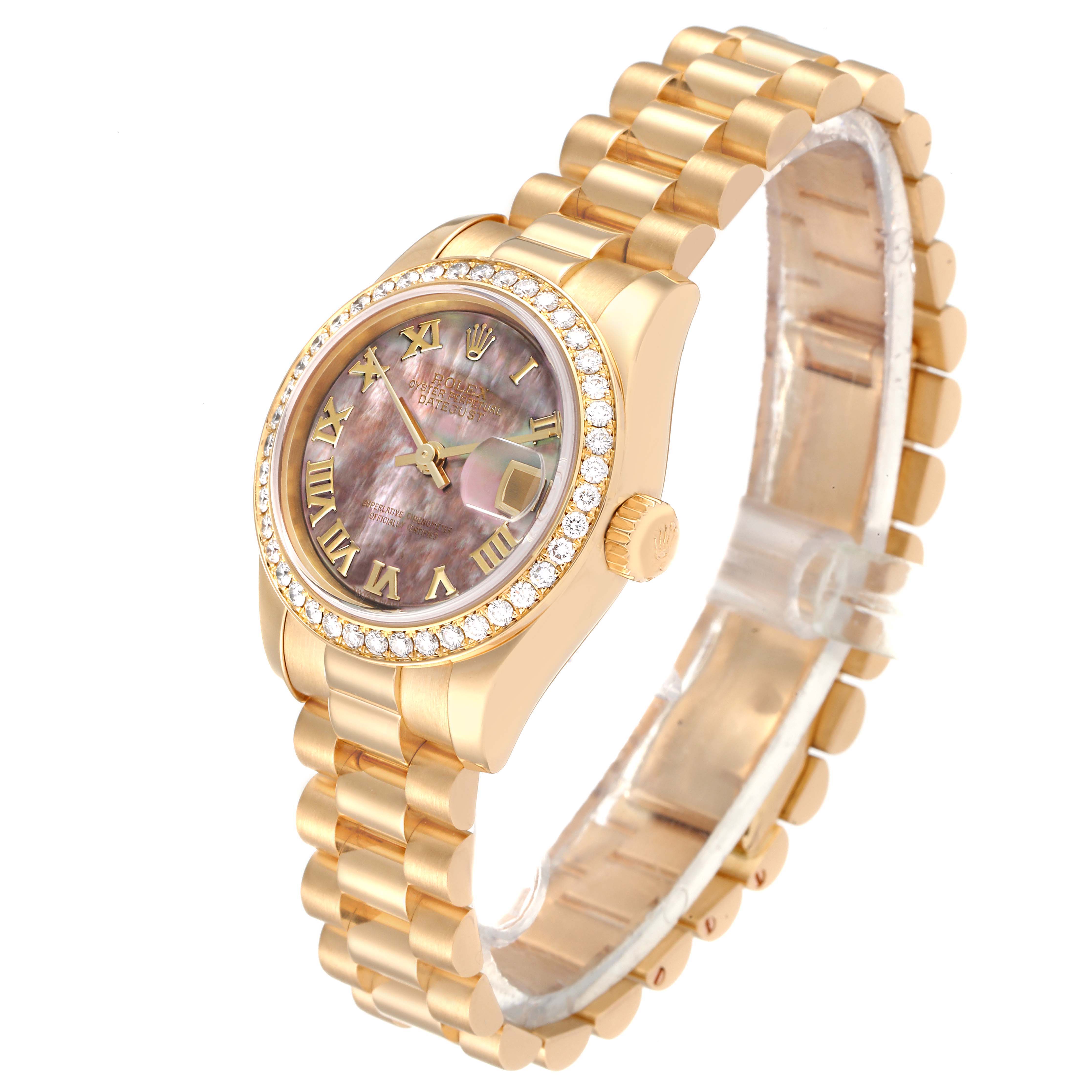 The image shows a Rolex President 179138 Women's Yellow Gold Mother of Pearl Dial 179138 Women's Yellow Gold Mother of Pearl Dial model watch at an angle displaying the face, bracelet, bezel, and crown.
