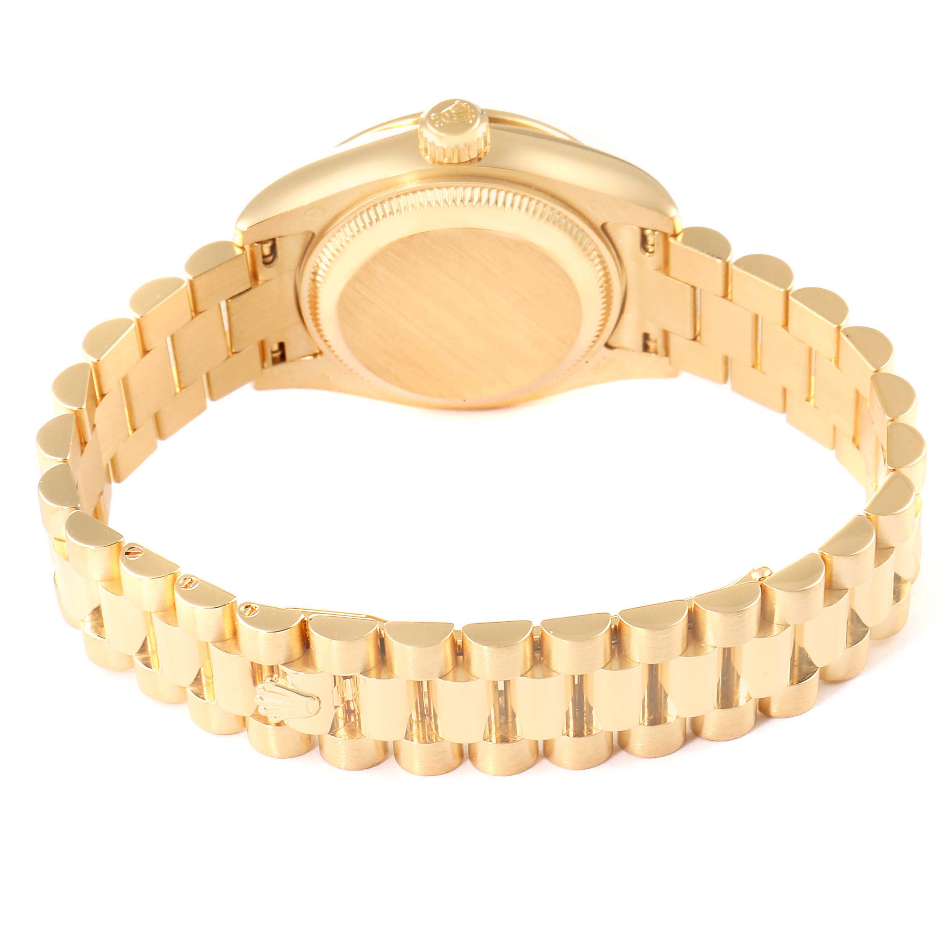 The image shows the back and bracelet of a Rolex President 179138 Women's Yellow Gold Mother of Pearl Dial 179138 Women's Yellow Gold Mother of Pearl Dial model watch, viewed from a rear angle.