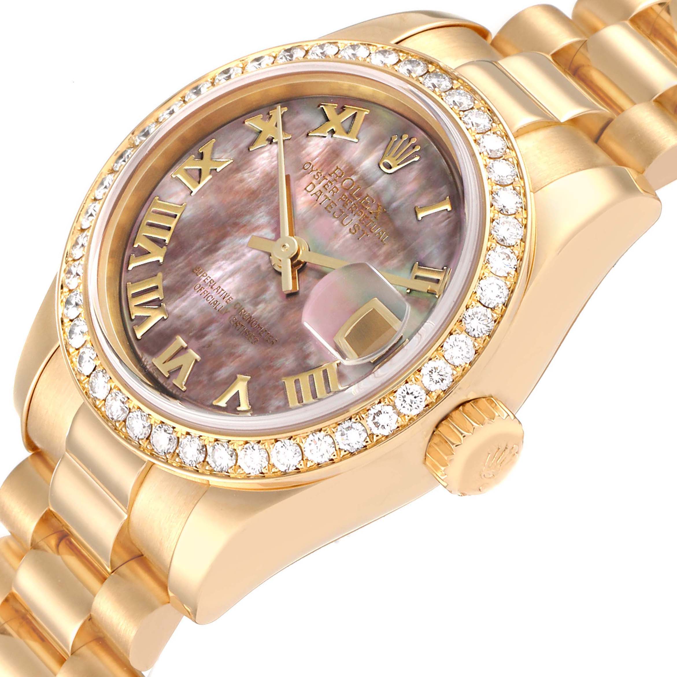 The image shows a Rolex President 179138 Women's Yellow Gold Mother of Pearl Dial 179138 Women's Yellow Gold Mother of Pearl Dial model watch at an angle displaying the face, bezel, crown, and part of the bracelet.