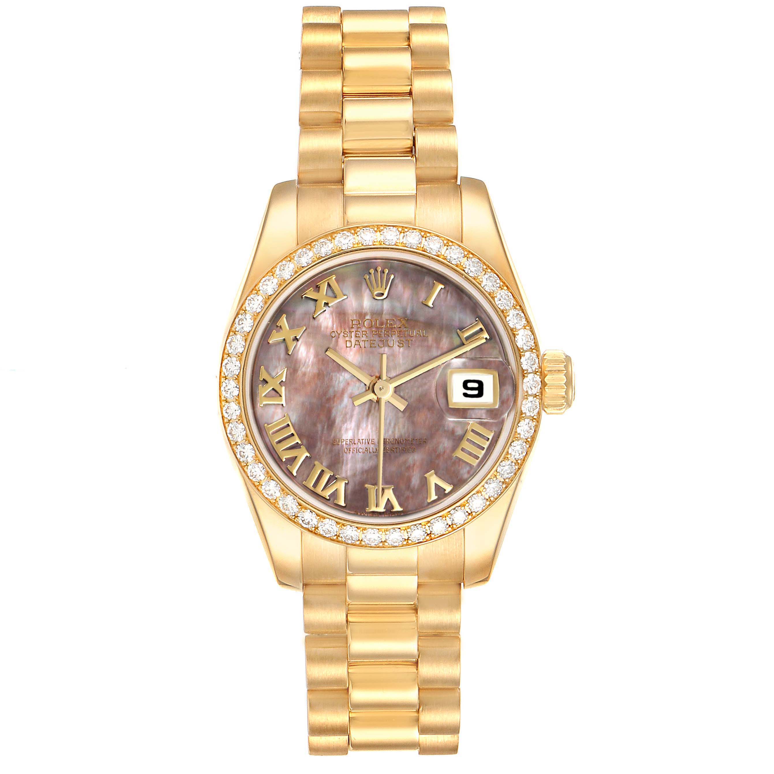 The image shows a front view of a Rolex President 179138 Women's Yellow Gold Mother of Pearl Dial 179138 Women's Yellow Gold Mother of Pearl Dial model watch, featuring a gold band, Roman numeral dial, and diamond bezel.