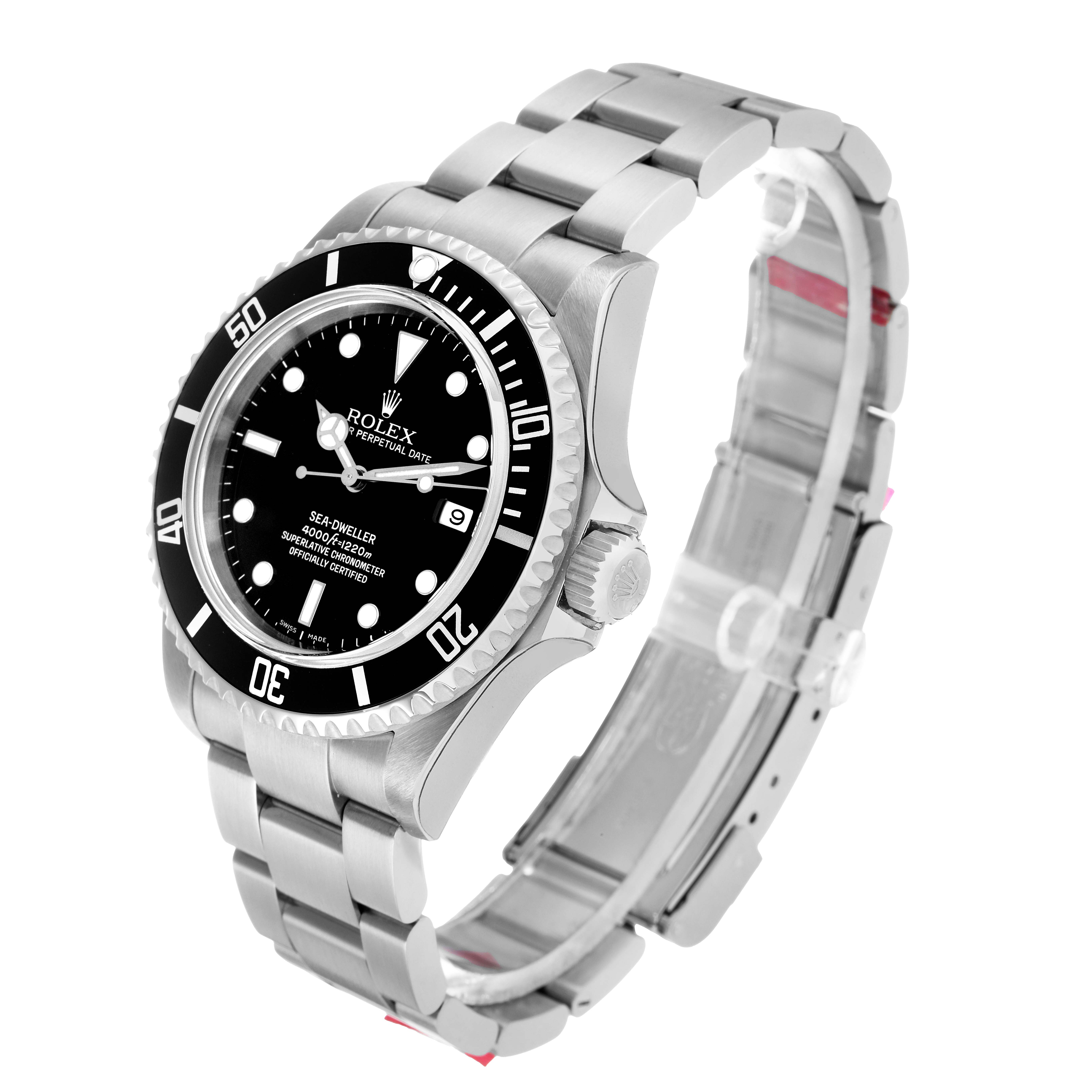 The Rolex Sea-Dweller 16600 Men's Stainless Steel Black Dial watch is shown from a three-quarter angle, highlighting the face, bezel, bracelet, and crown.