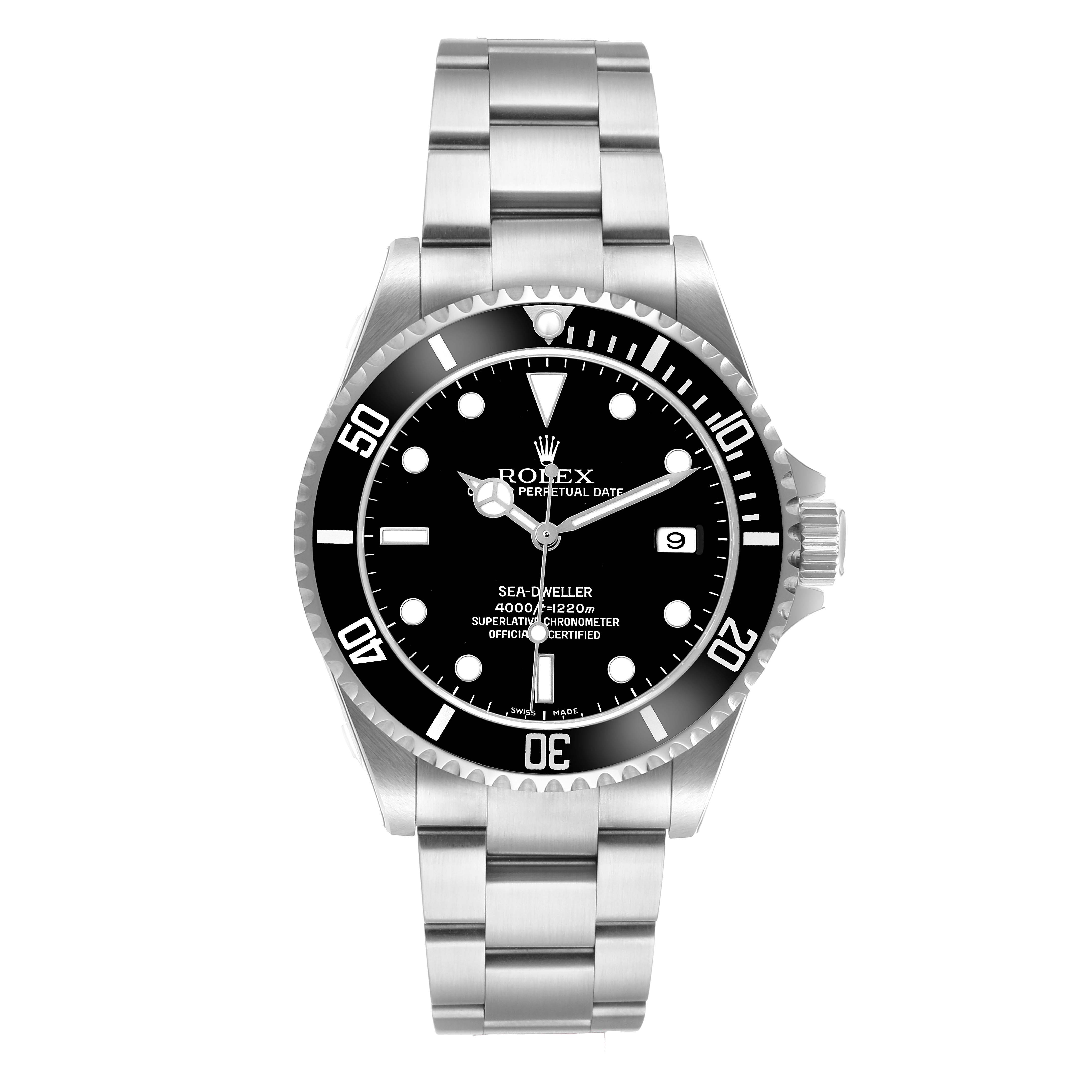 The Rolex Sea-Dweller 16600 Men's Stainless Steel Black Dial watch is shown from a front angle, displaying the dial, bezel, case, and bracelet.
