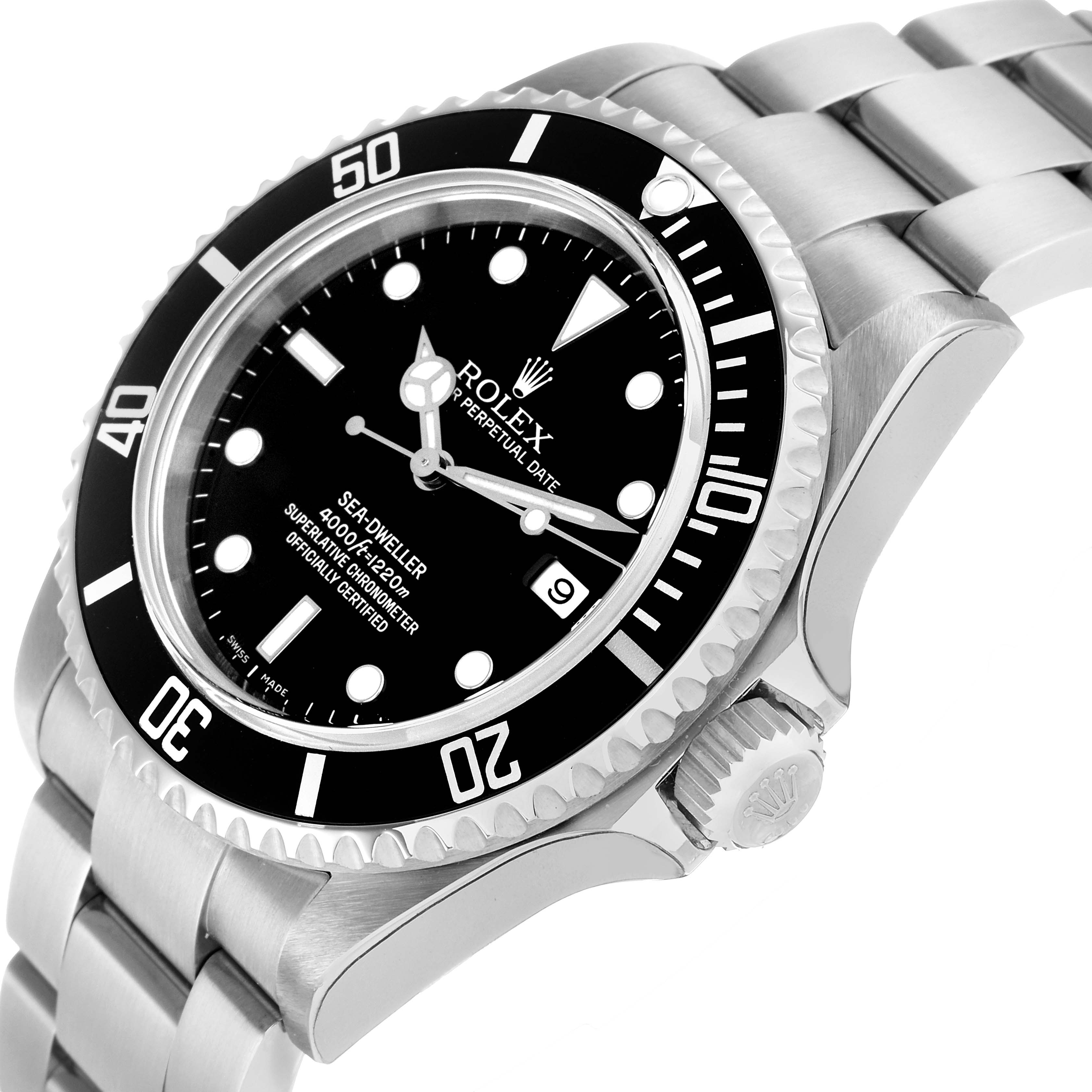 The Rolex Sea-Dweller 16600 Men's Stainless Steel Black Dial watch is shown at an angled view, displaying the dial, bezel, crown, and part of the bracelet.