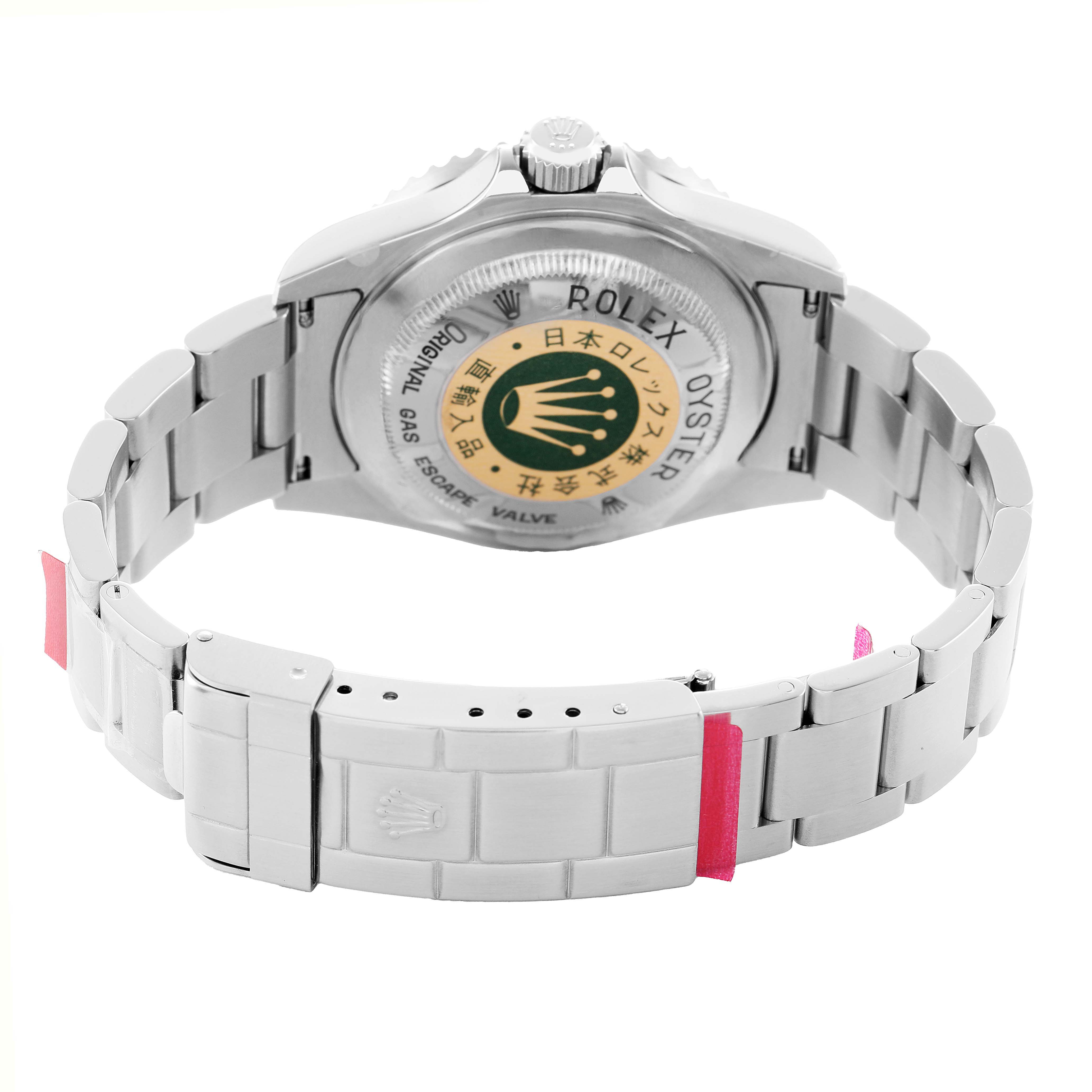 The image shows the back case and bracelet clasp of a Rolex Sea-Dweller 16600 Men's Stainless Steel Black Dial, highlighting the engraved details.