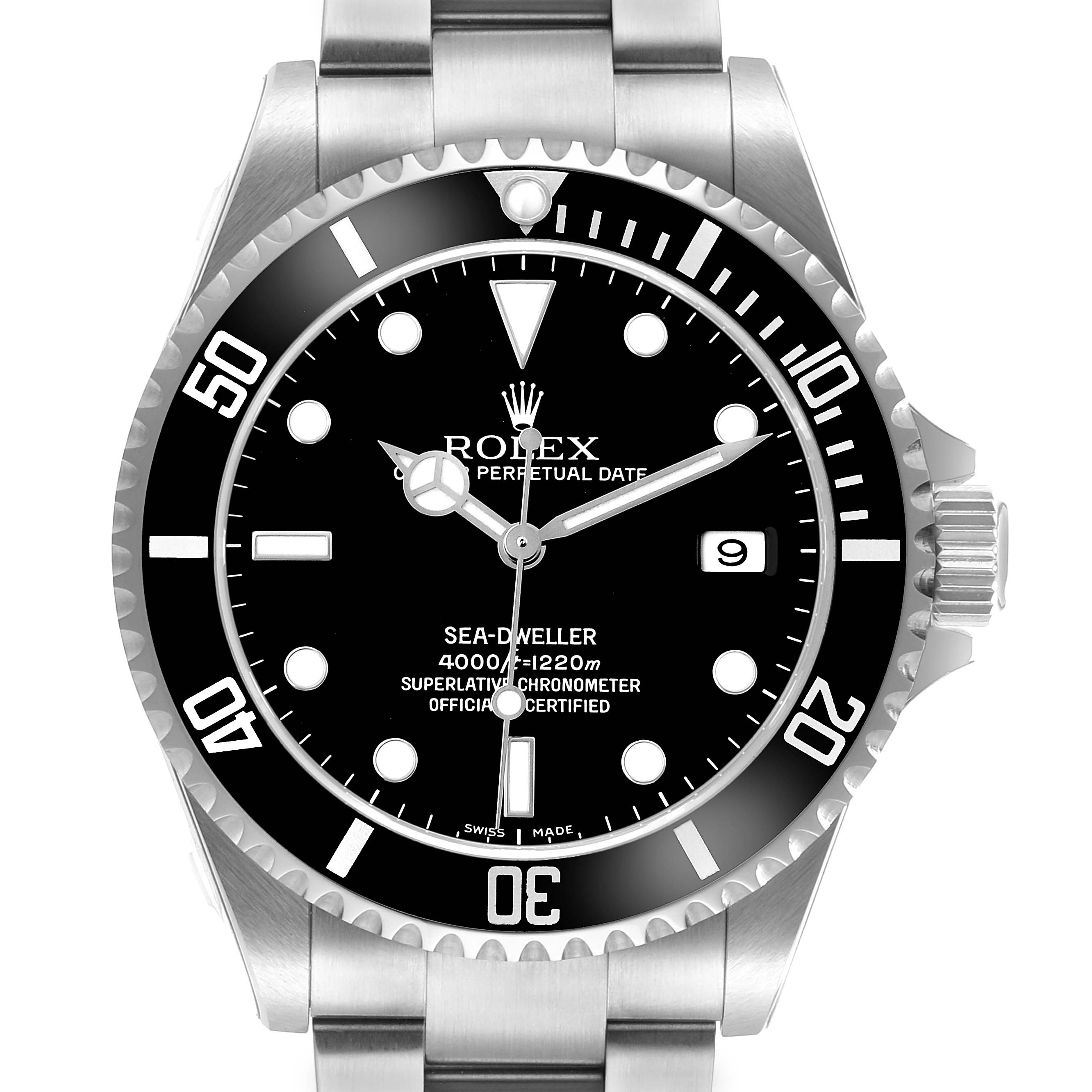 The image shows a front view of the Rolex Sea-Dweller 16600 Men's Stainless Steel Black Dial, highlighting its dial, bezel, crown, and part of the bracelet.