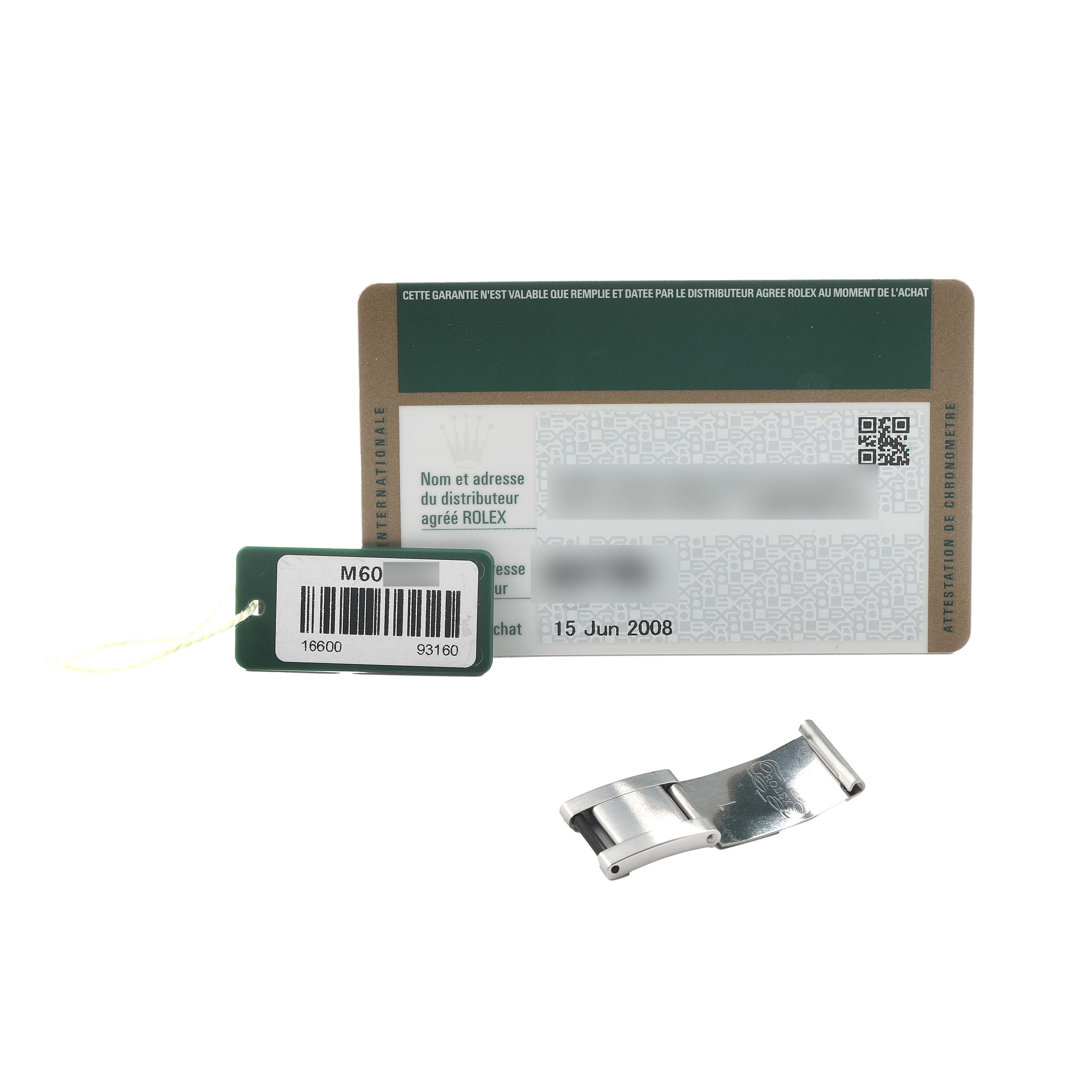 The image shows a warranty card, a tag, and a clasp for a Rolex Sea-Dweller 16600 Men's Stainless Steel Black Dial watch.