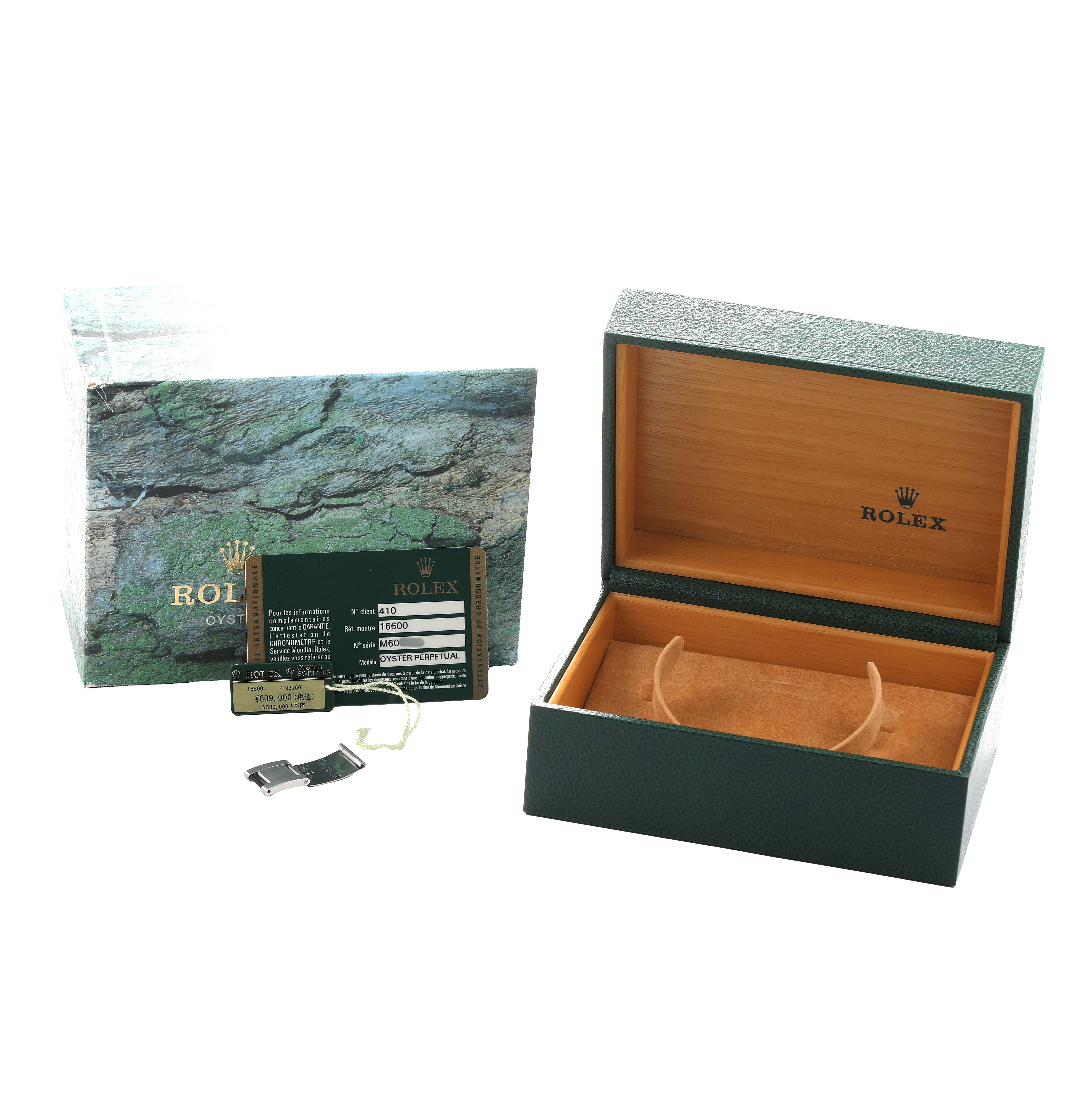 The image shows a Rolex Sea-Dweller 16600 Men's Stainless Steel Black Dial box, card, and accessories viewed from the top.