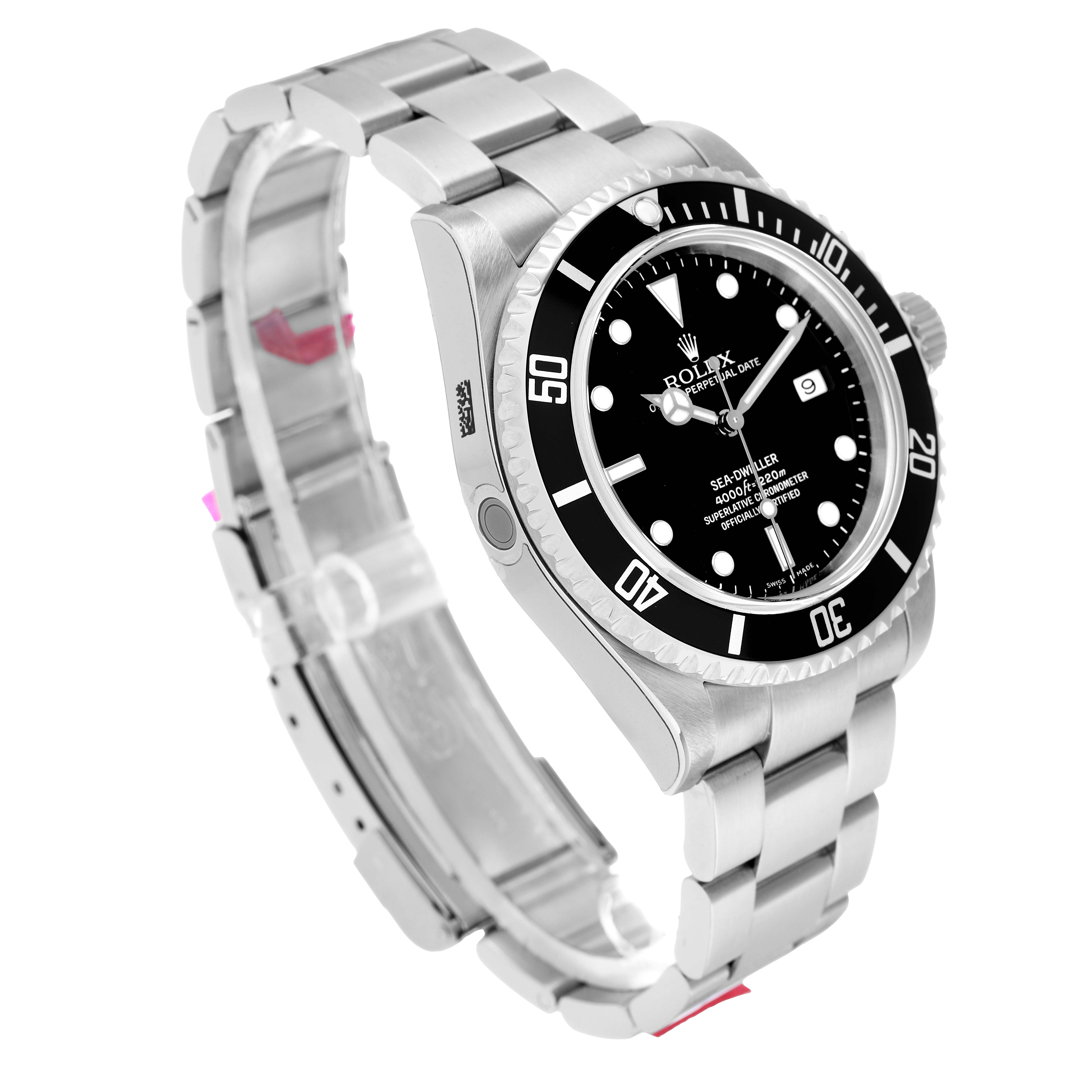 The Rolex Sea-Dweller 16600 Men's Stainless Steel Black Dial watch is shown at a three-quarter view, highlighting the bezel, dial, and bracelet.