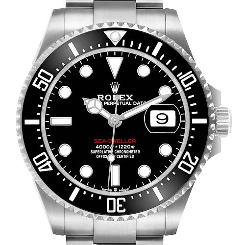 The image shows a front view of the Rolex Sea-Dweller 126600 Men's Stainless Steel Black Dial, highlighting the dial, bezel, crown, and part of the bracelet.