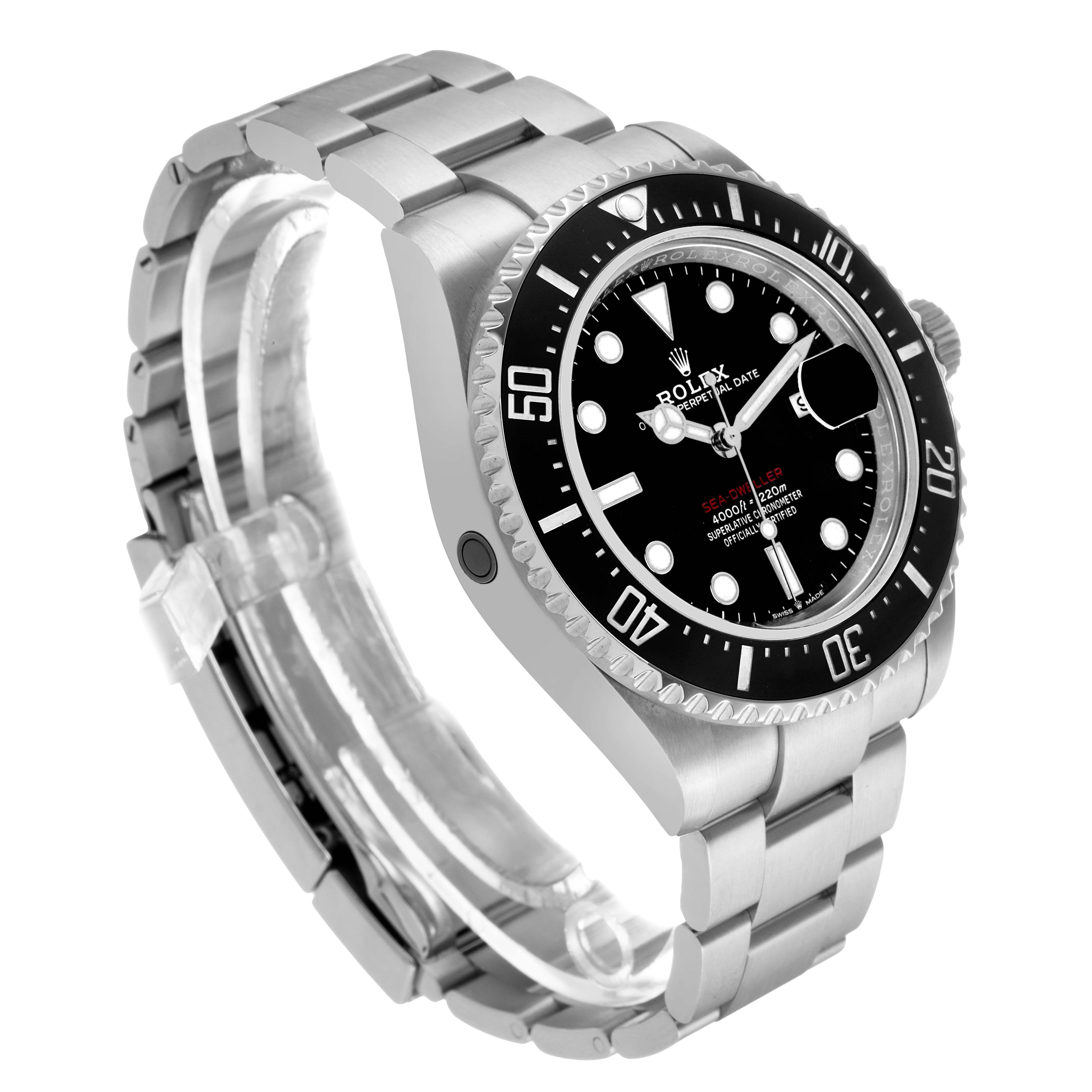 The Rolex Sea-Dweller 126600 Men's Stainless Steel Black Dial watch is shown at a three-quarter angle, displaying the face, bezel, crown, and part of the bracelet.