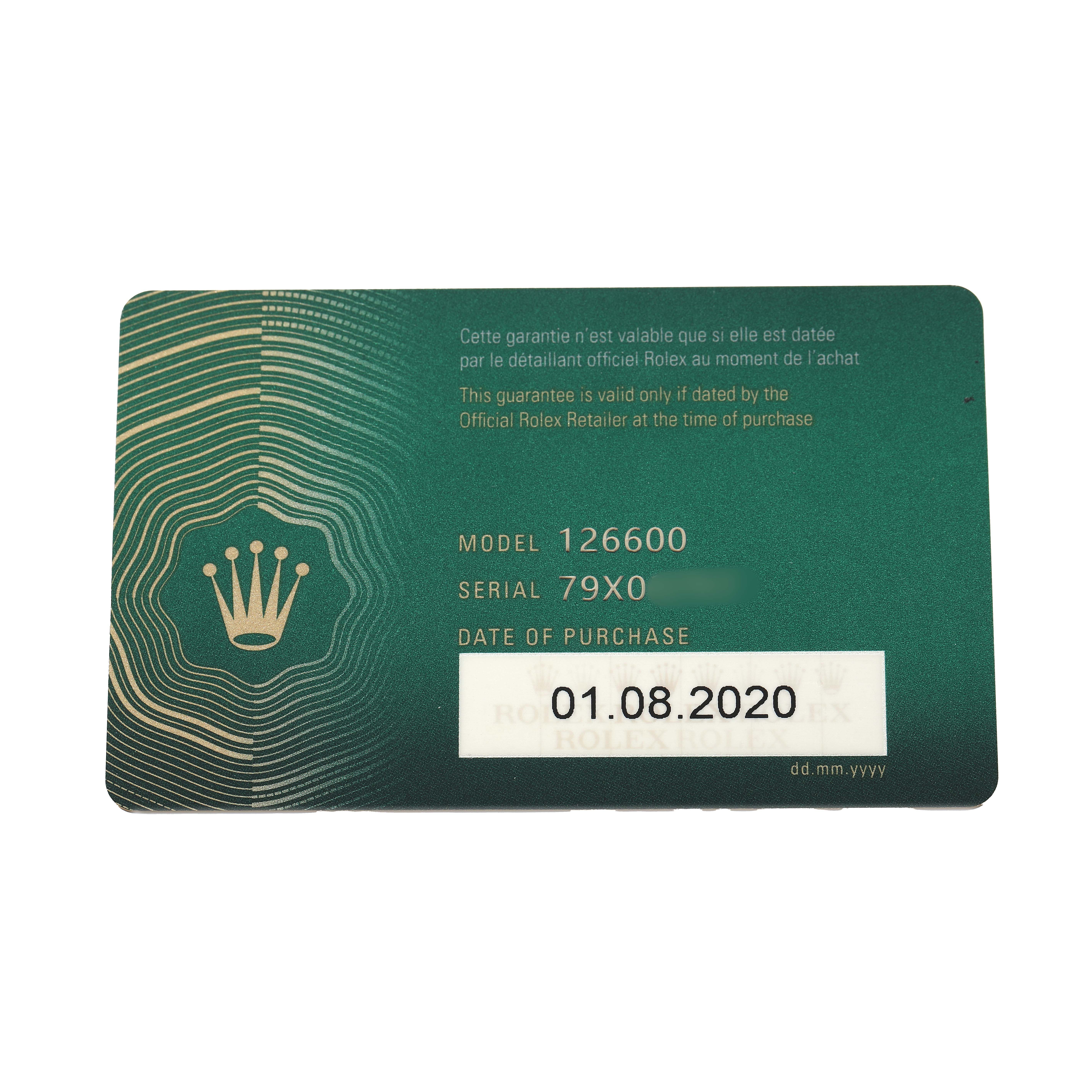 The image shows a Rolex warranty card for the Sea-Dweller model 126600, showing model, serial number, and purchase date.