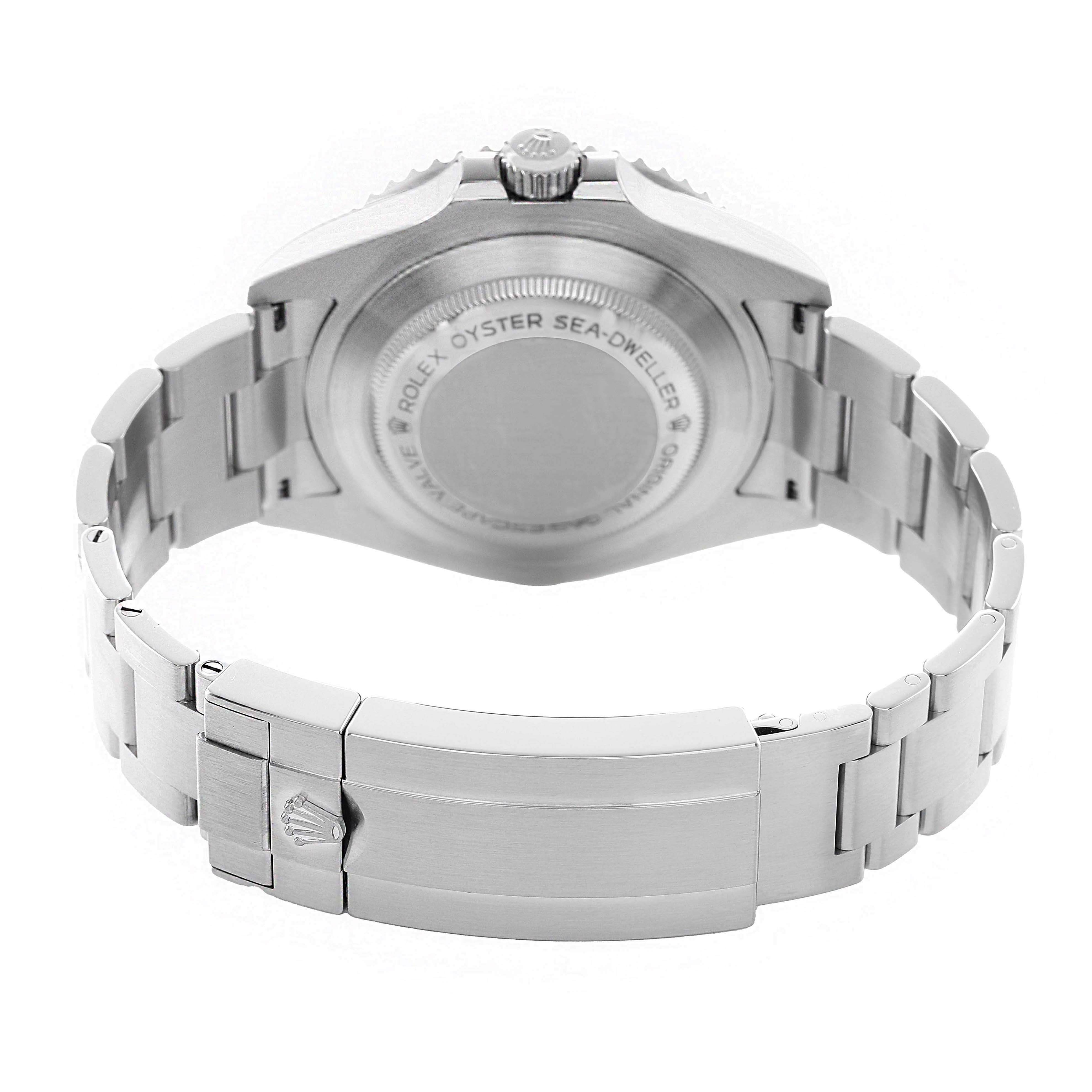 The image shows the back case and bracelet clasp of the Rolex Sea-Dweller 126600 Men's Stainless Steel Black Dial watch from a rear angle.