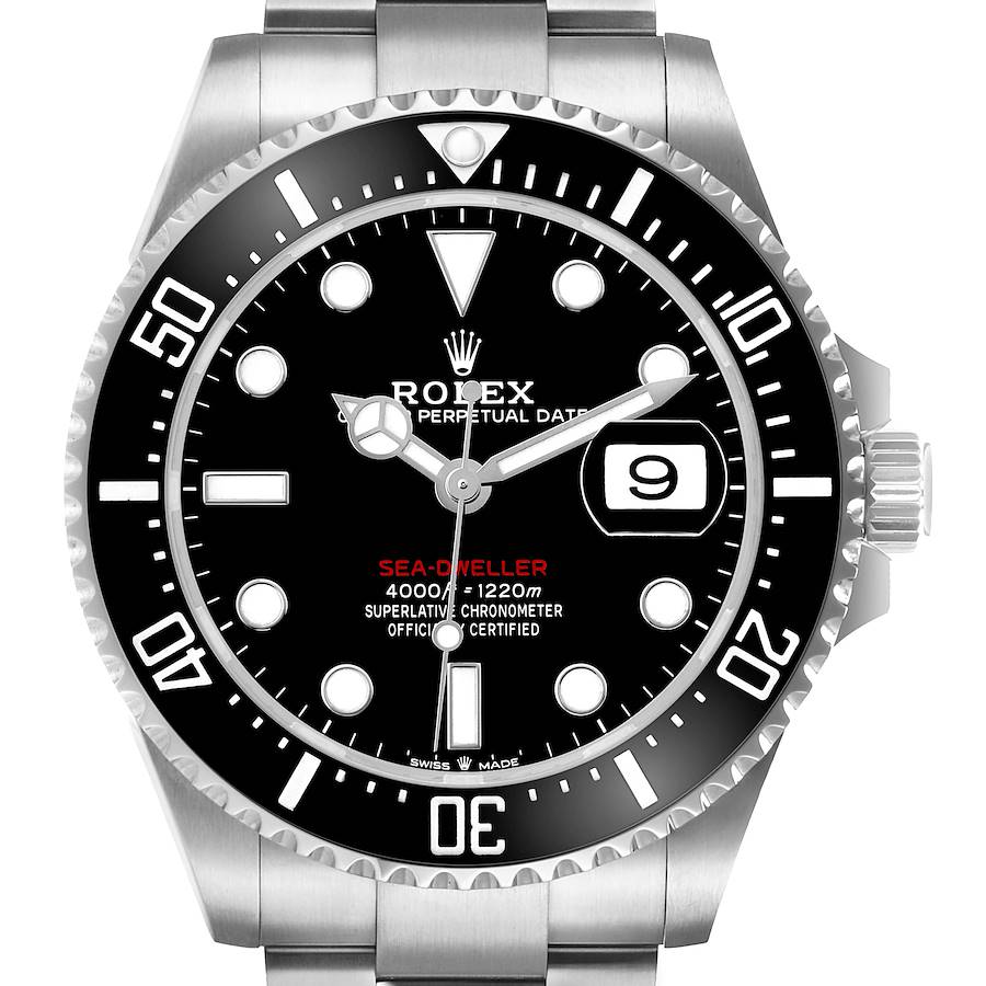 The image shows a front view of a Rolex Sea-Dweller 126600 Men's Stainless Steel Black Dial watch, displaying the face, bezel, and part of the bracelet.